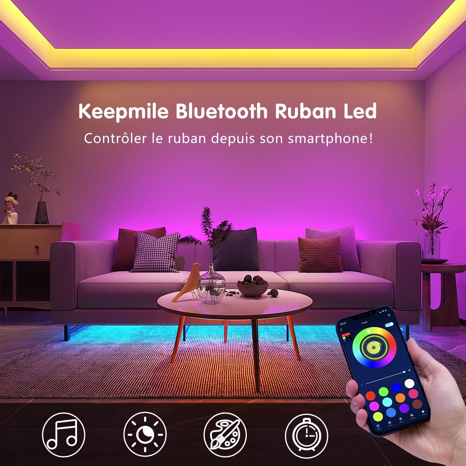 Detalle de Keepsmile Ruban Led 30m (15m x 2) – Bande LED Bluetooth avec Télécommande IR 44 touches et APP, décoration lumineuse pour chambre et bureau