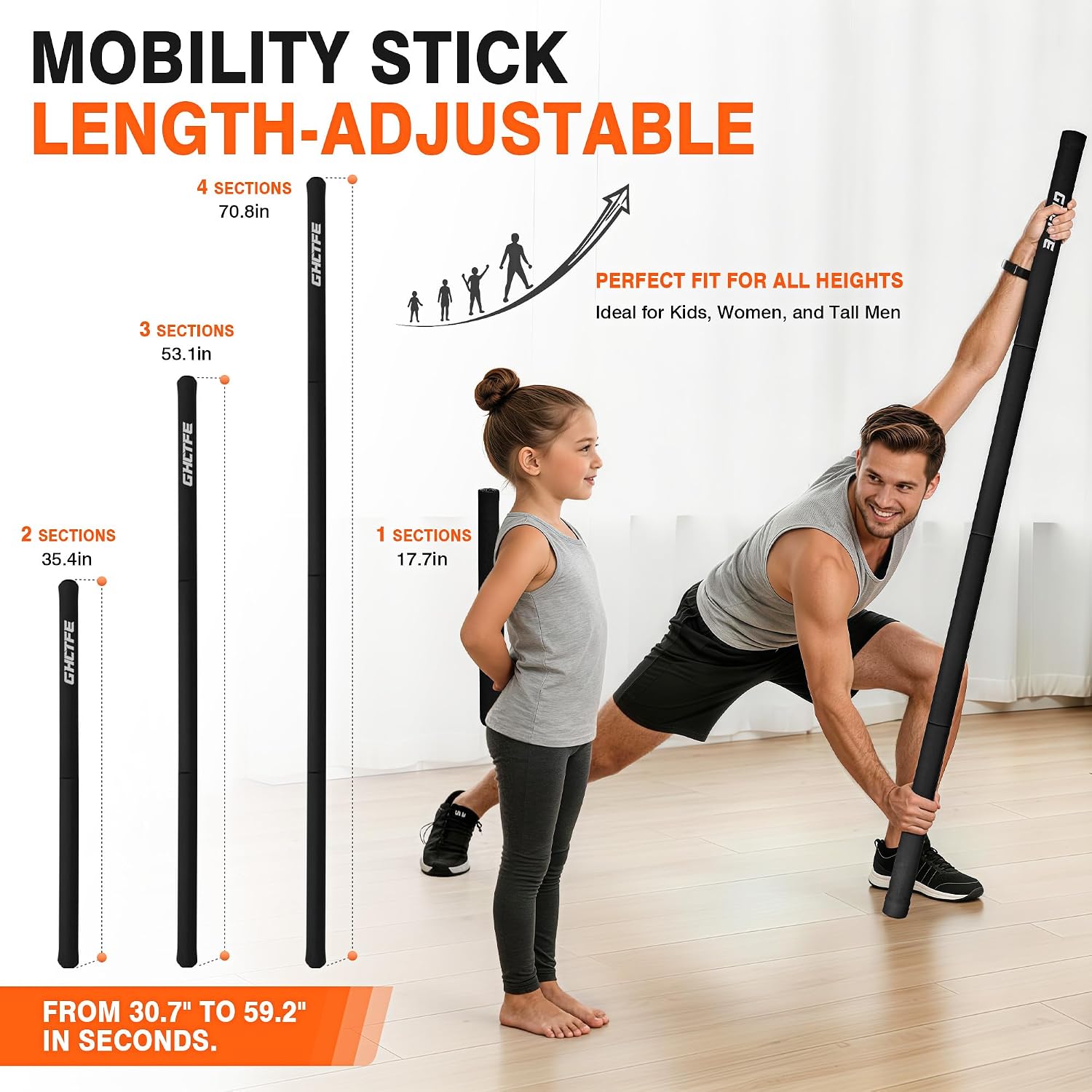 Detalle de GHCTFE Yoga Stick for Stretching, Adjustable 4-Section Steel Mobility Bar