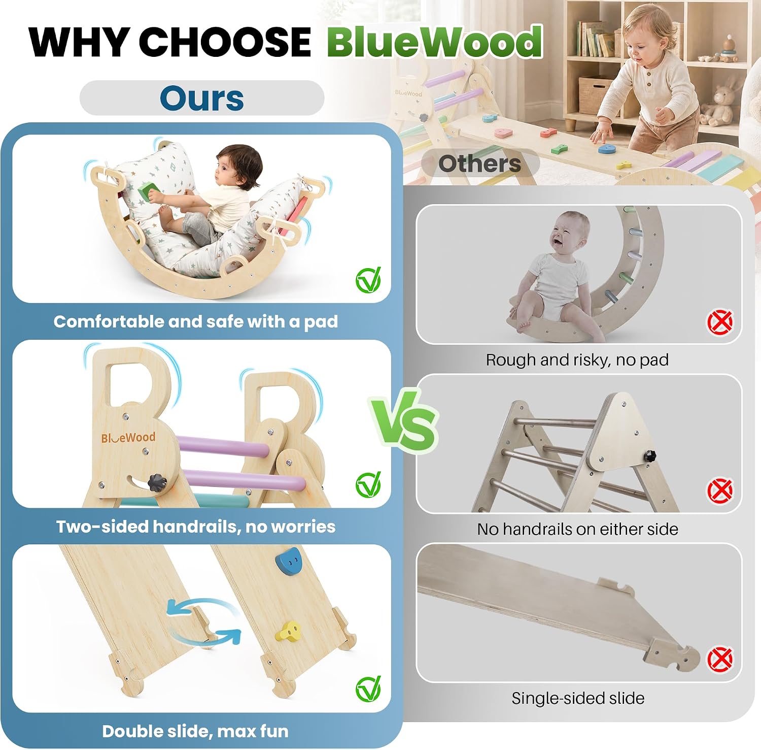 Thumbnail 6 de BlueWood Pikler Triangle Set with Cushion (8-in-1) – Montessori-inspired jungle gym for toddlers