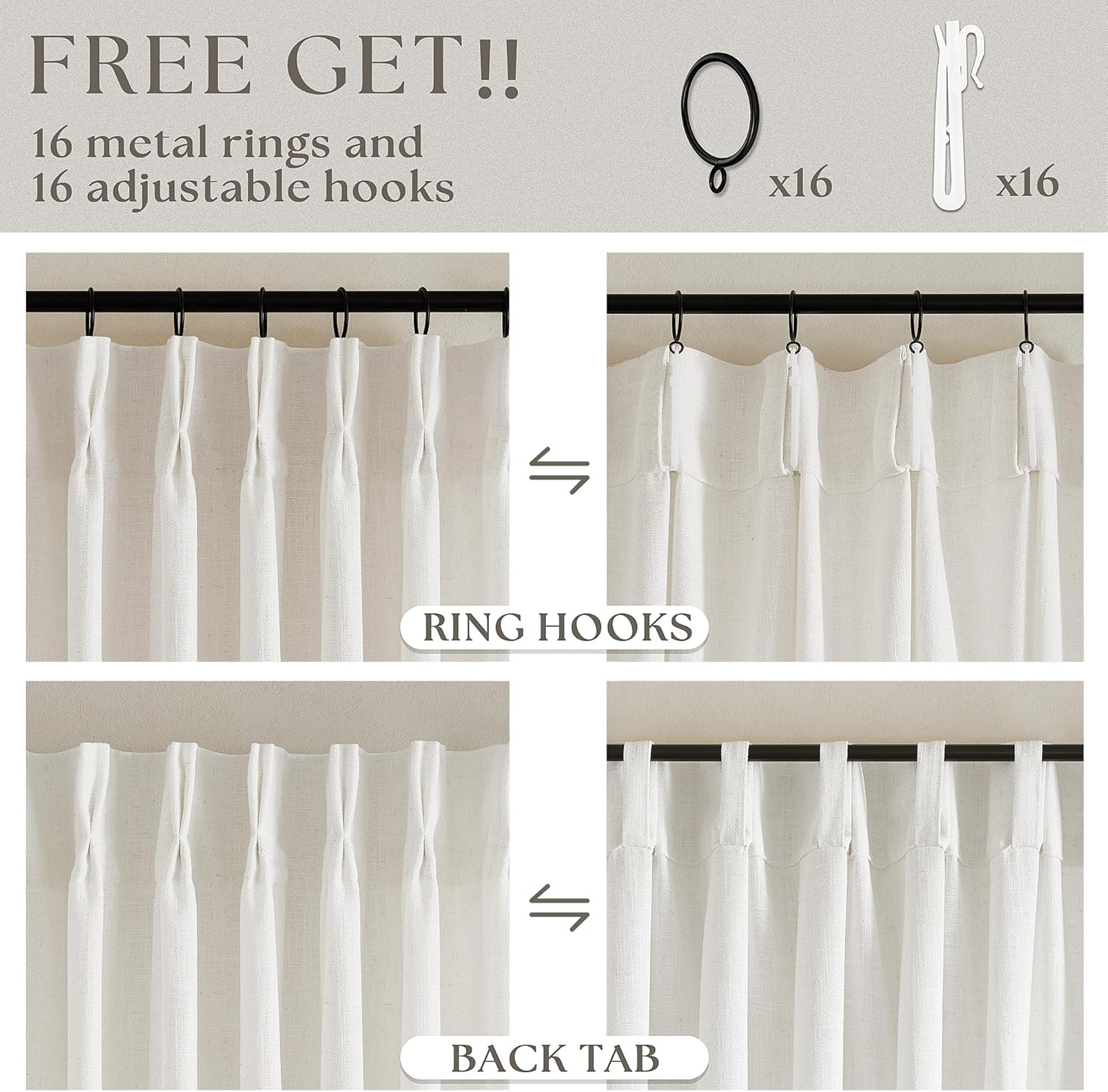 Thumbnail 4 de Neutral Linen Pinch Pleat Curtains 105 in