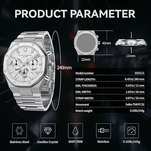 Detalle de SAPPHERO Orologio da uomo 50M Impermeabile con cassa in acciaio inox e quadrante ottagonale