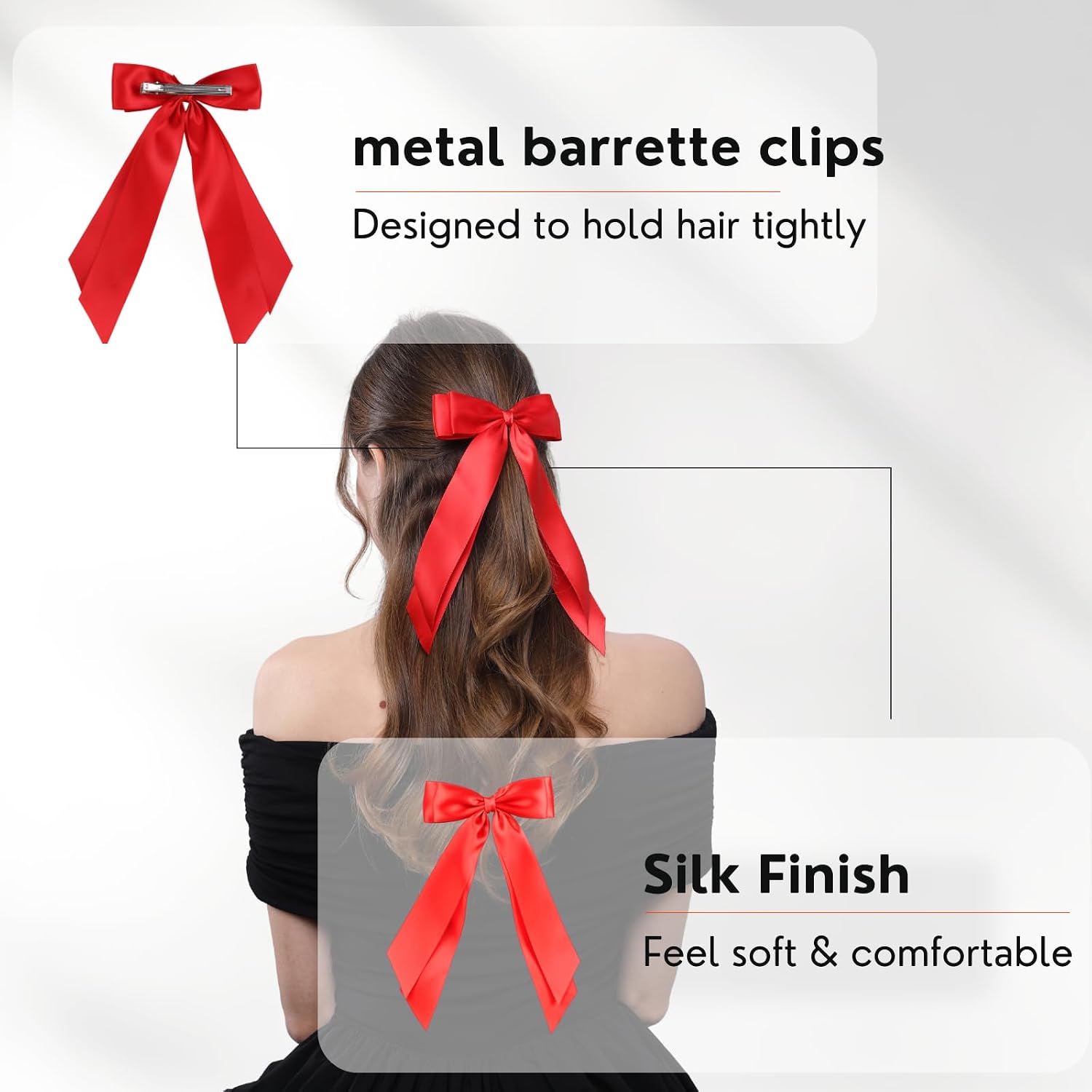 Detalle 2 de LuSeren Double-Layer Satin Hair Bows, 2-Piece Red and Black Clip Set