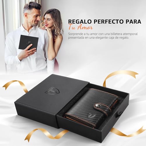 Detalle de TENBST Carteras para Hombre | Tarjetero con Monedero y Bloqueo RFID en fibra de carbono naranja-negro