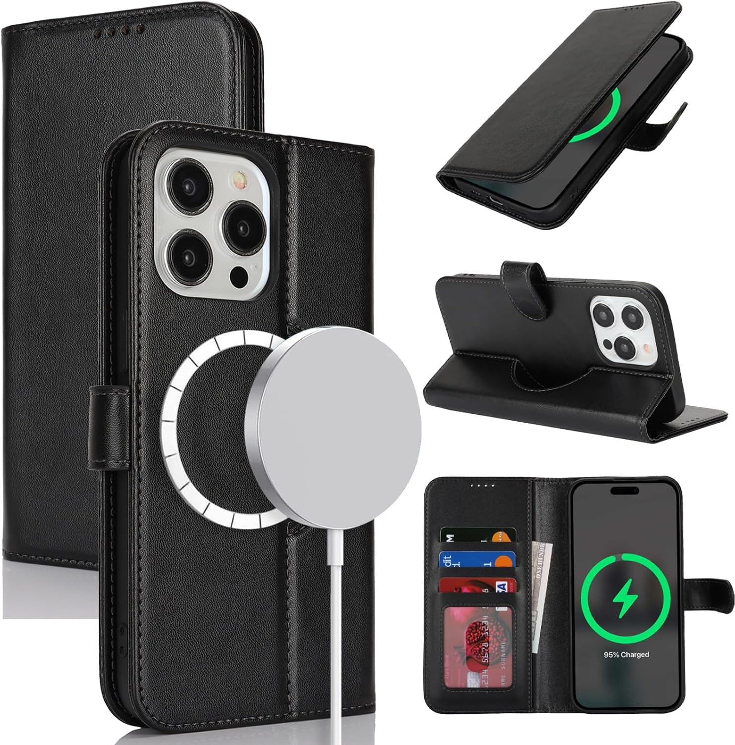 Detalle de Zouzt Case for iPhone 15 Pro (6.1) – Magnetic PU Leather Wallet with Card Holders, Kickstand and MagSafe Compatibility