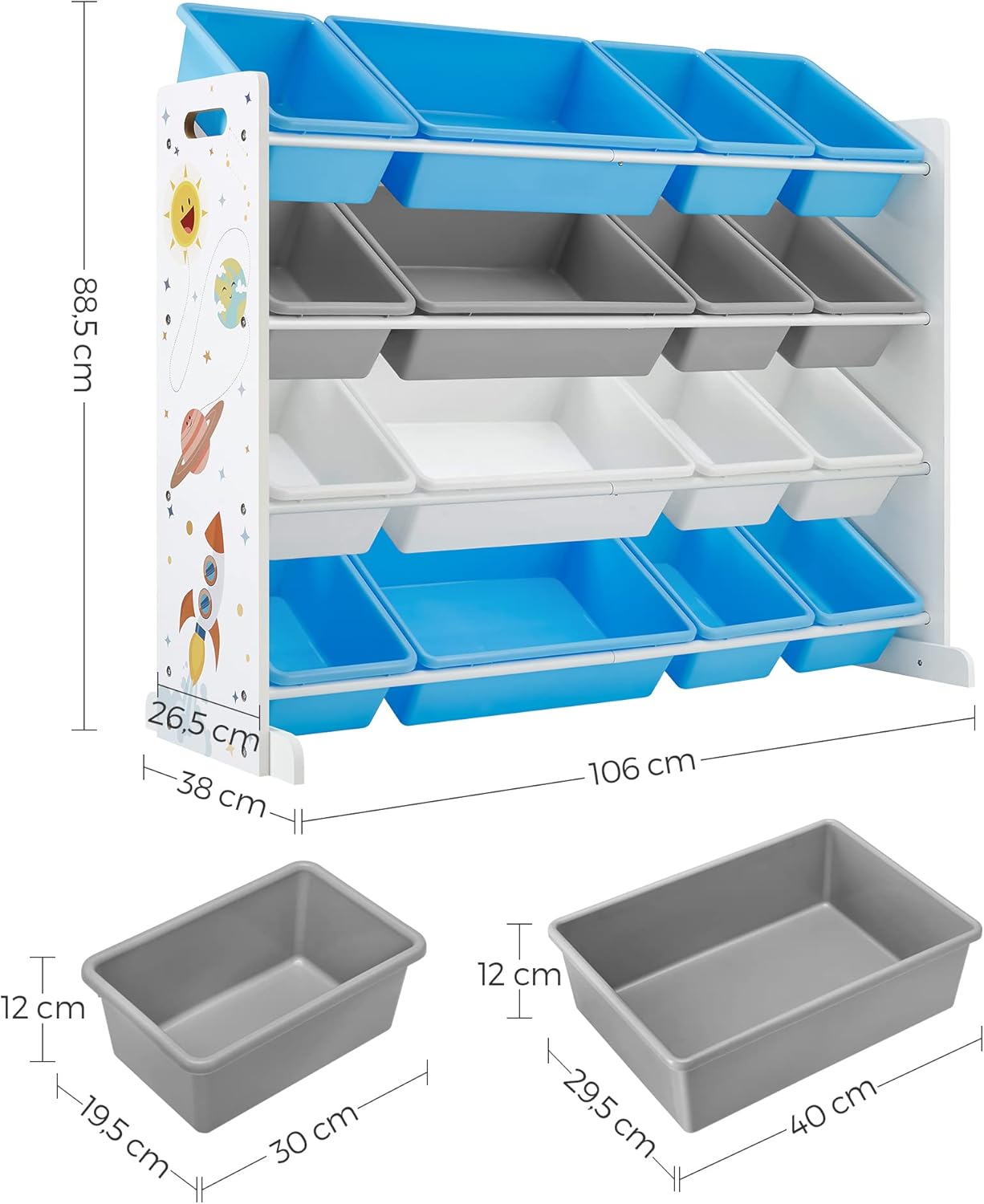 Detalle de SONGMICS Scaffale Giochi GKR070W03: 4 Ripiani con 16 Contenitori Rimovibili, Design Navigatore Spaziale