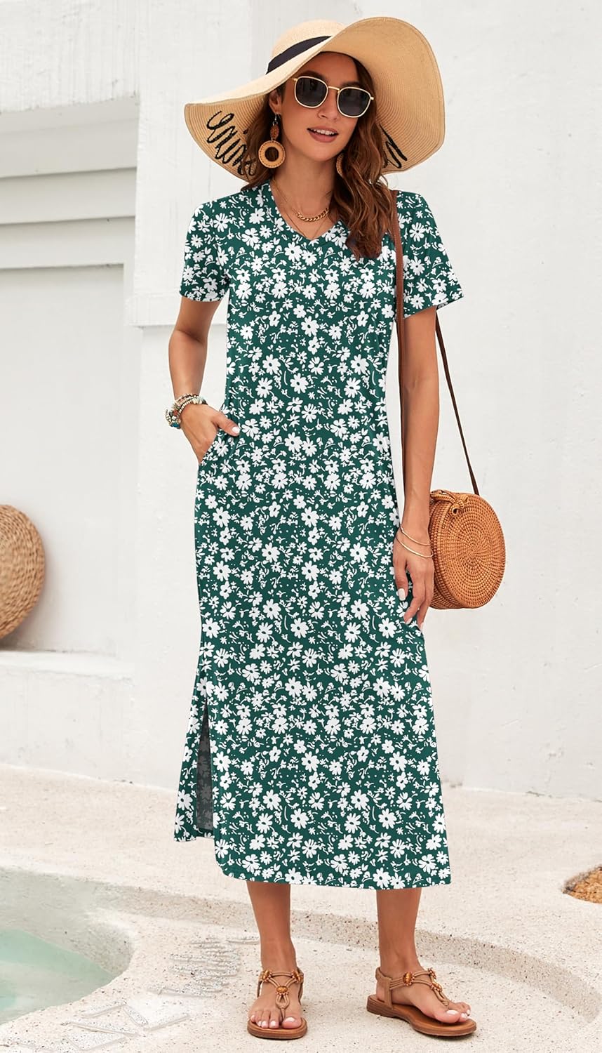 Detalle 2 de Robe longue d'été AUSELILY pour femmes - col en V, poches et manches courtes