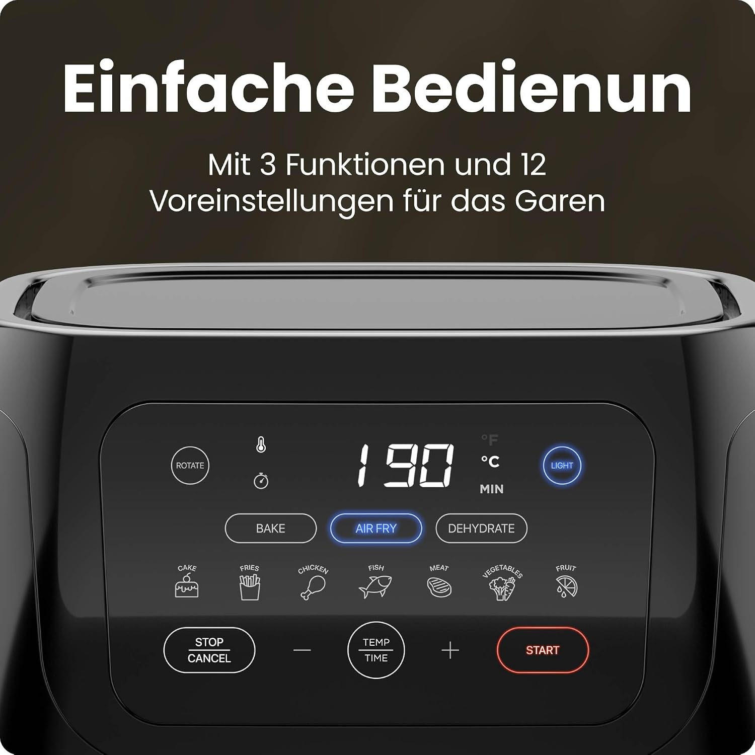 Detalle de Chefman multifunktionale digitale Heißluftfritteuse + Rotisserie (10 l, 17 Touch-Voreinstellungen) – XL Familiengröße