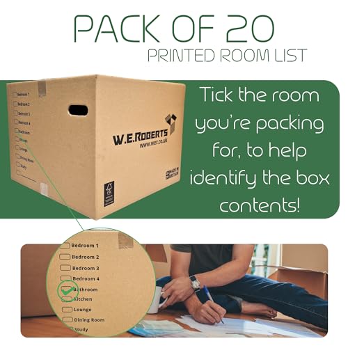 Thumbnail 6 de W.E. Roberts 10 Strong Extra Large Cardboard Moving Boxes (52cm x 52cm x 40cm) with Printed Room List and Carry Handles