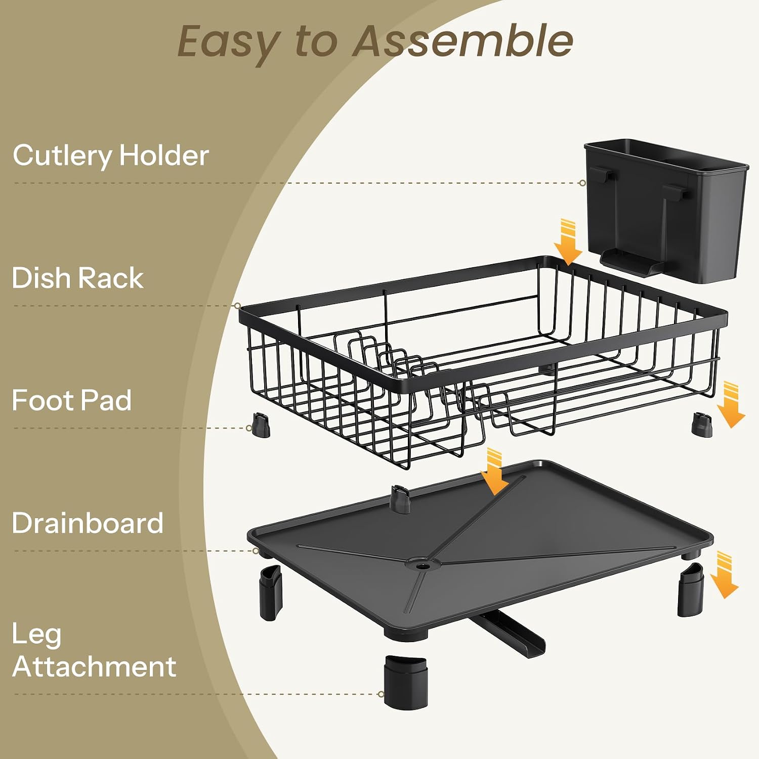 Thumbnail 6 de Dish Drying Rack Small with Drainboard, Utensil Holder & Stainless Steel Frame (Black) – Compact Countertop Drainer