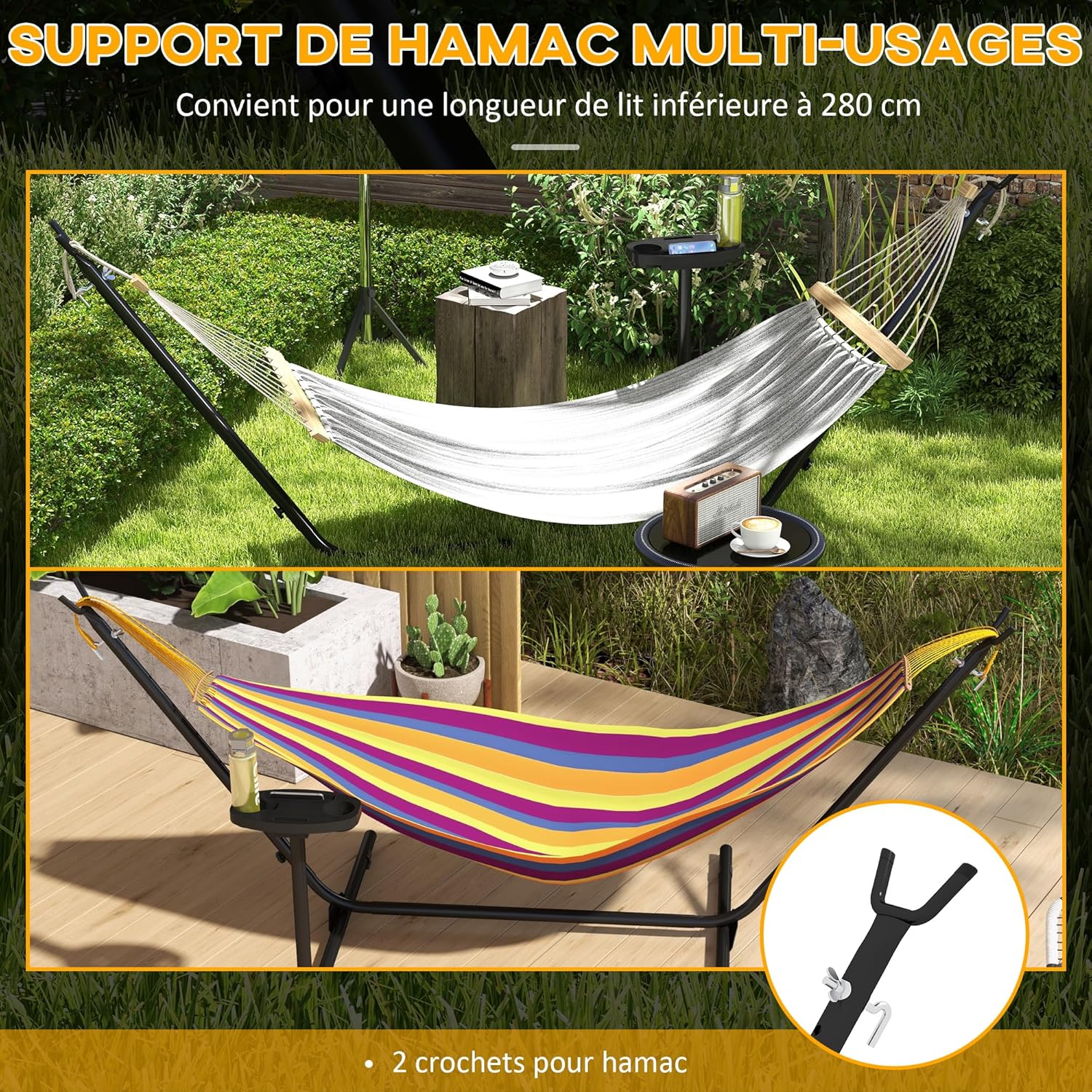 Thumbnail 3 de Outsunny Support Pied de hamac avec Porte-gobelet — cadre robuste en acier époxy noir