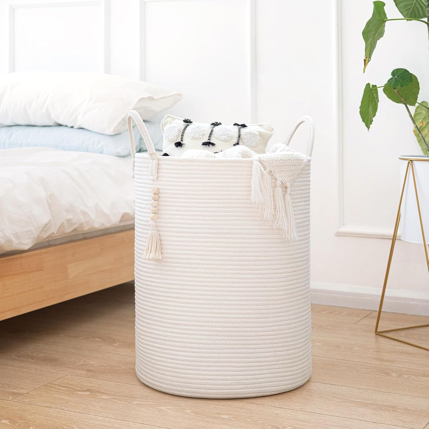 Detalle 2 de Goodpick White Cotton Rope Laundry Hamper with Handles, 16 x 20 Inches