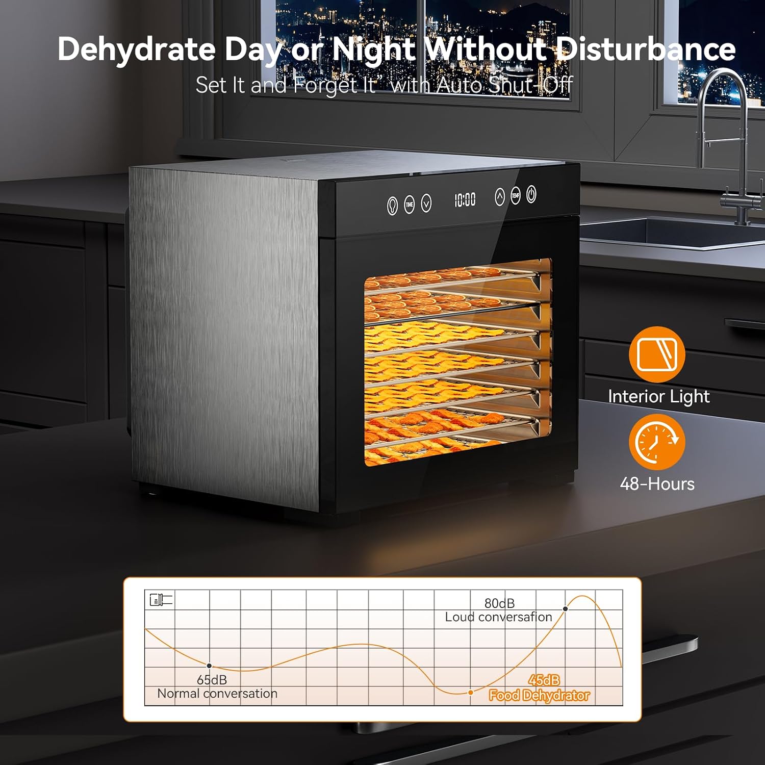 Detalle de Food Dehydrator Machine with 8 Stainless Steel Trays, 650W Motor, Adjustable Temperature & 48-Hour Timer (Jerky, Fruits, Herbs, Dog Treats)