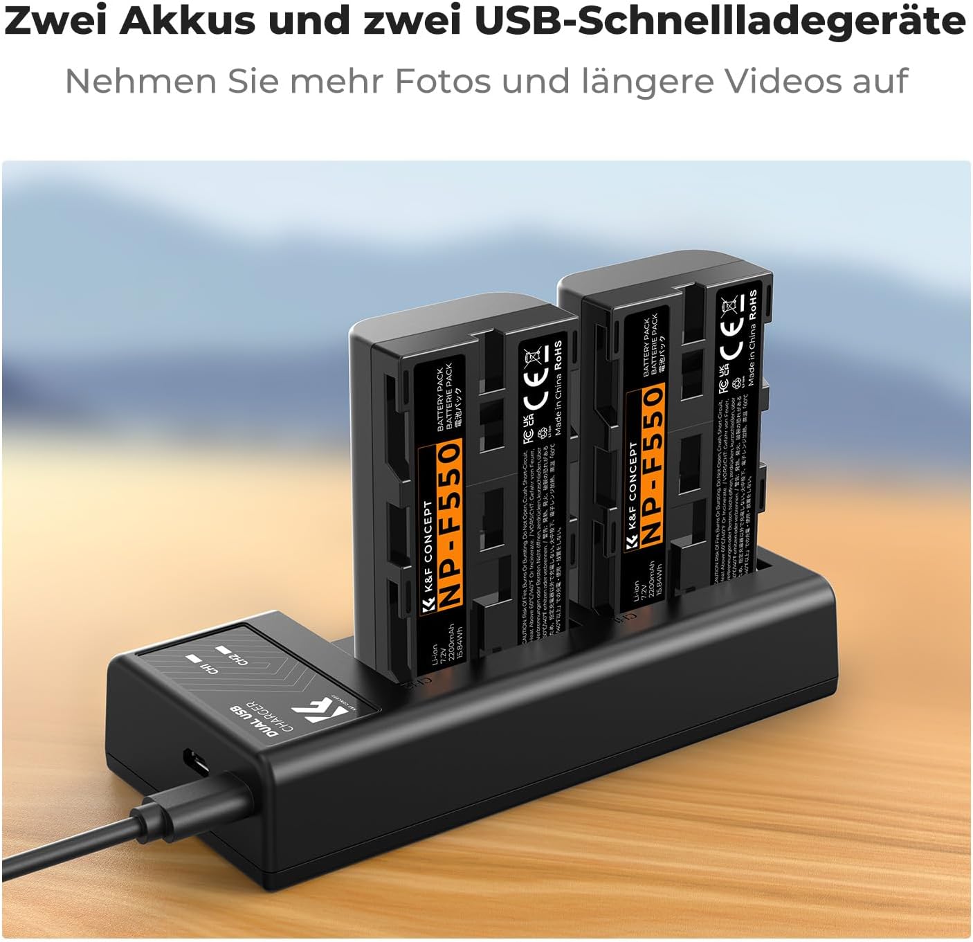 Detalle de K&F CONCEPT NP-F550 2er-Pack (2600mAh) + Dual-LED-Ladegerät-Kit für Sony NP-F550/F570