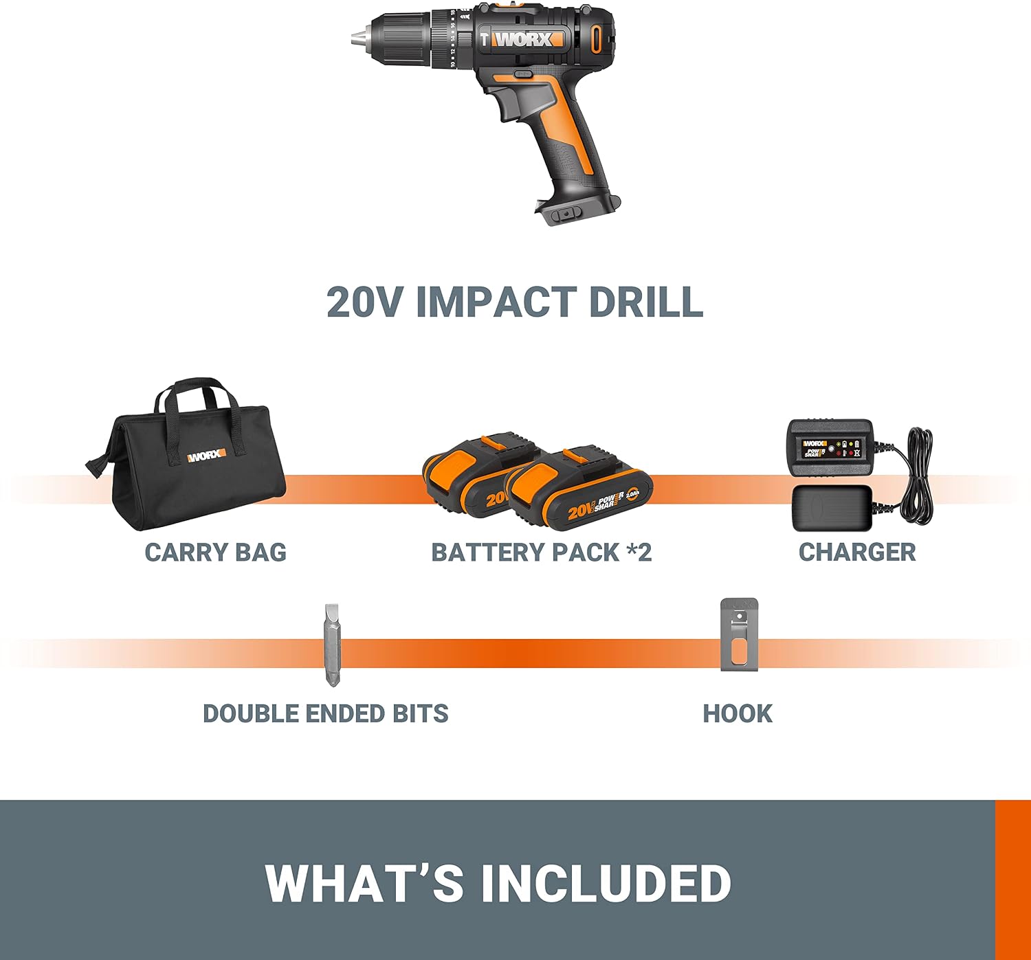 Thumbnail 5 de WORX WX370.1 PowerShare 20V cordless combi hammer drill kit (2 batteries, charger & carry bag)