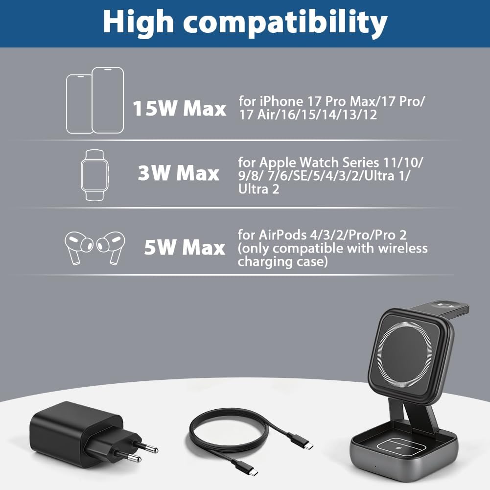 Detalle de Aolso 3-en-1 Station de Recharge Magnétique pour Apple – Charge rapide sans fil 15 W