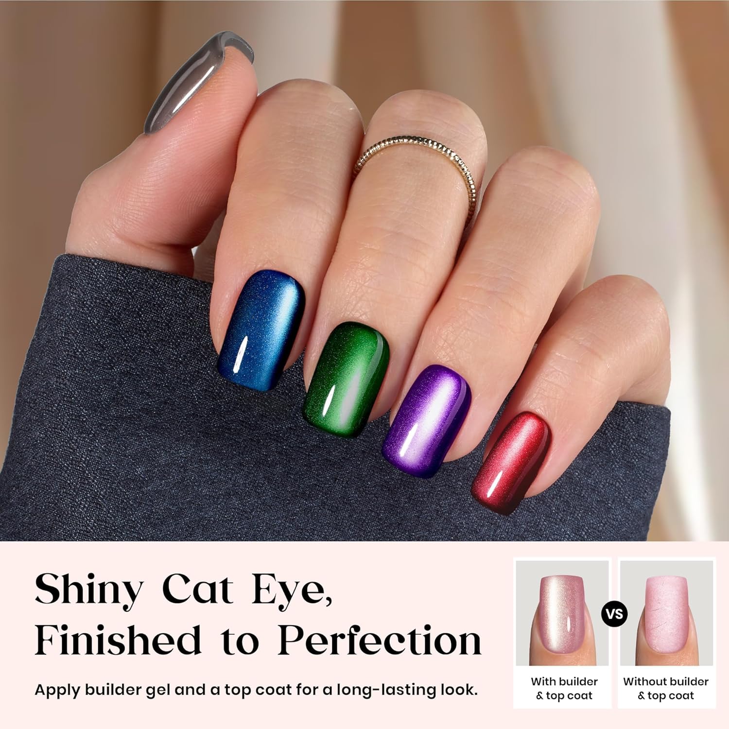 Detalle de Beetles X Press Cat Eye Nails (7 Colors) — Short Square Press-On Set, 16 Sizes (224 Pieces)
