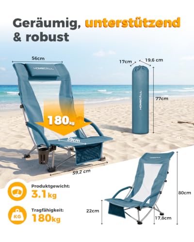 Thumbnail 1 de Homecall Strandstuhl klappbar leicht 180 kg belastbar Netzrückenlehne (2, Nebelblau)