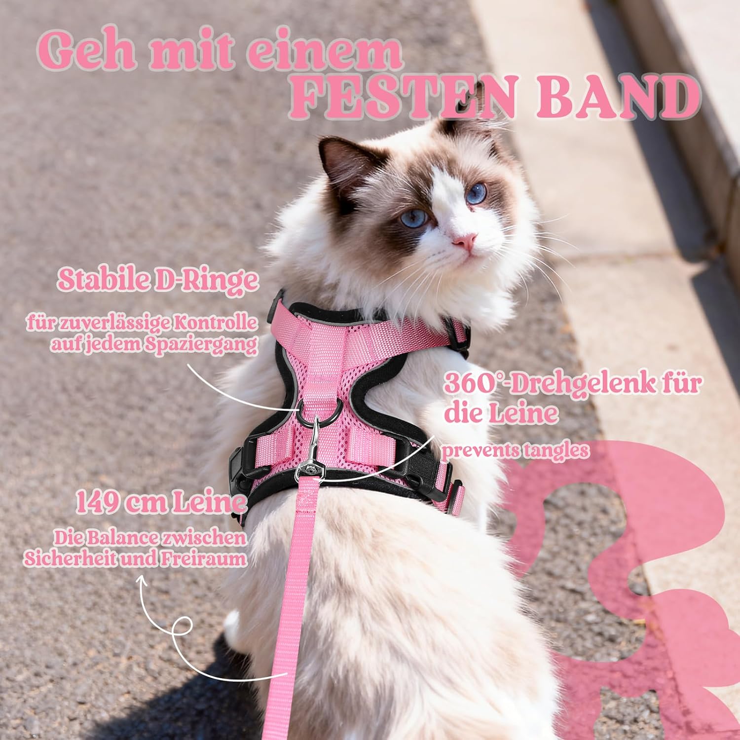Thumbnail 4 de rabbitgoo Katzengeschirr mit Leine Softgeschirr (Brustgeschirr) ausbruchsicher, verstellbar – Rosa, Größe XS