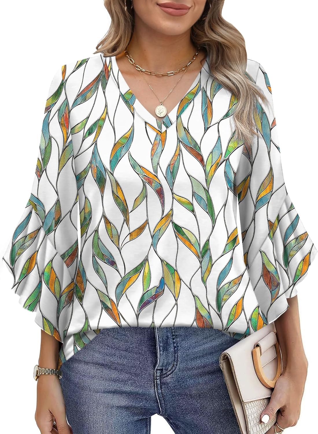 Detalle 2 de Aokosor Womens 3/4 Sleeve Top – V‑Neck Ruffle Tunic with Flared Sleeves