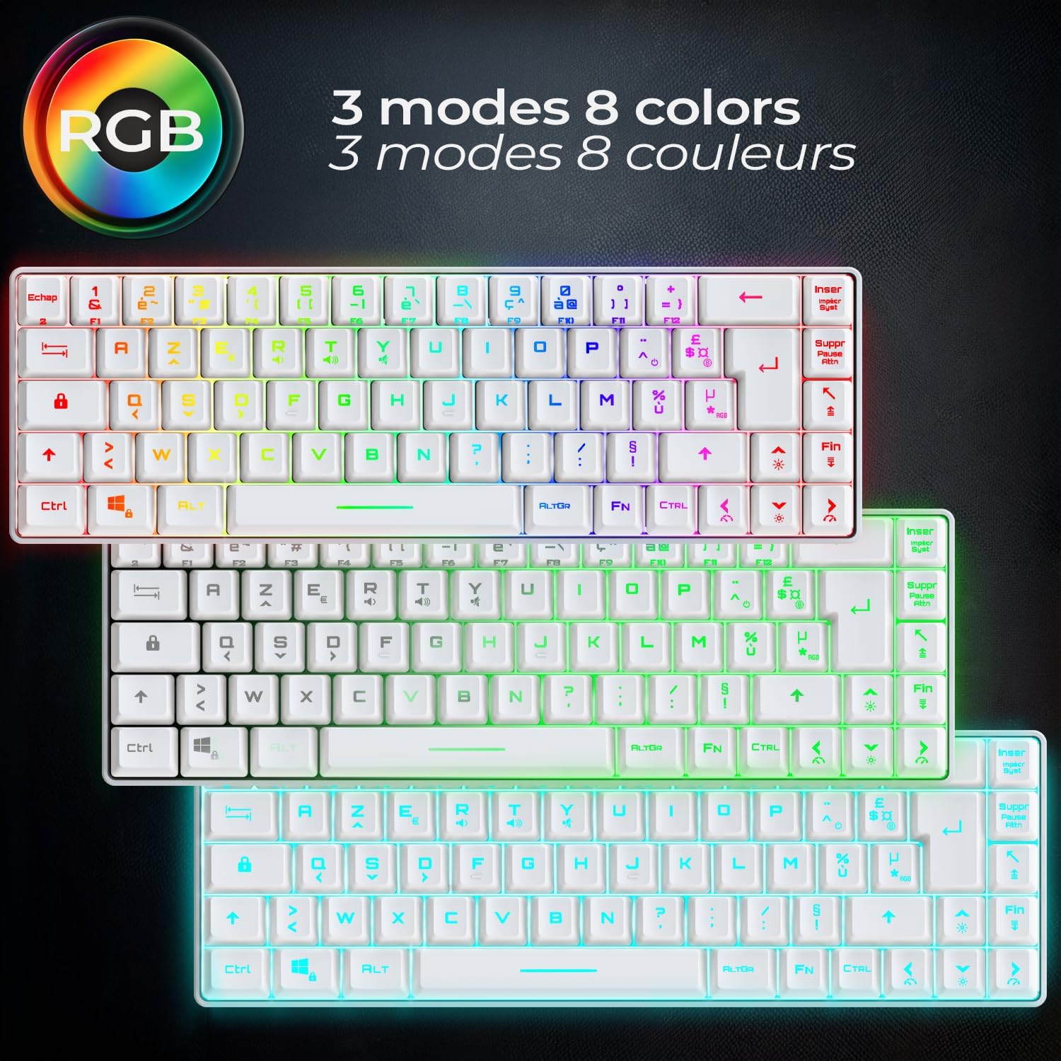 Thumbnail 3 de Empire Gaming K208 — Clavier gamer filaire TKL compact AZERTY 69 touches RGB, anti-ghosting (blanc) avec USB Type C détachable