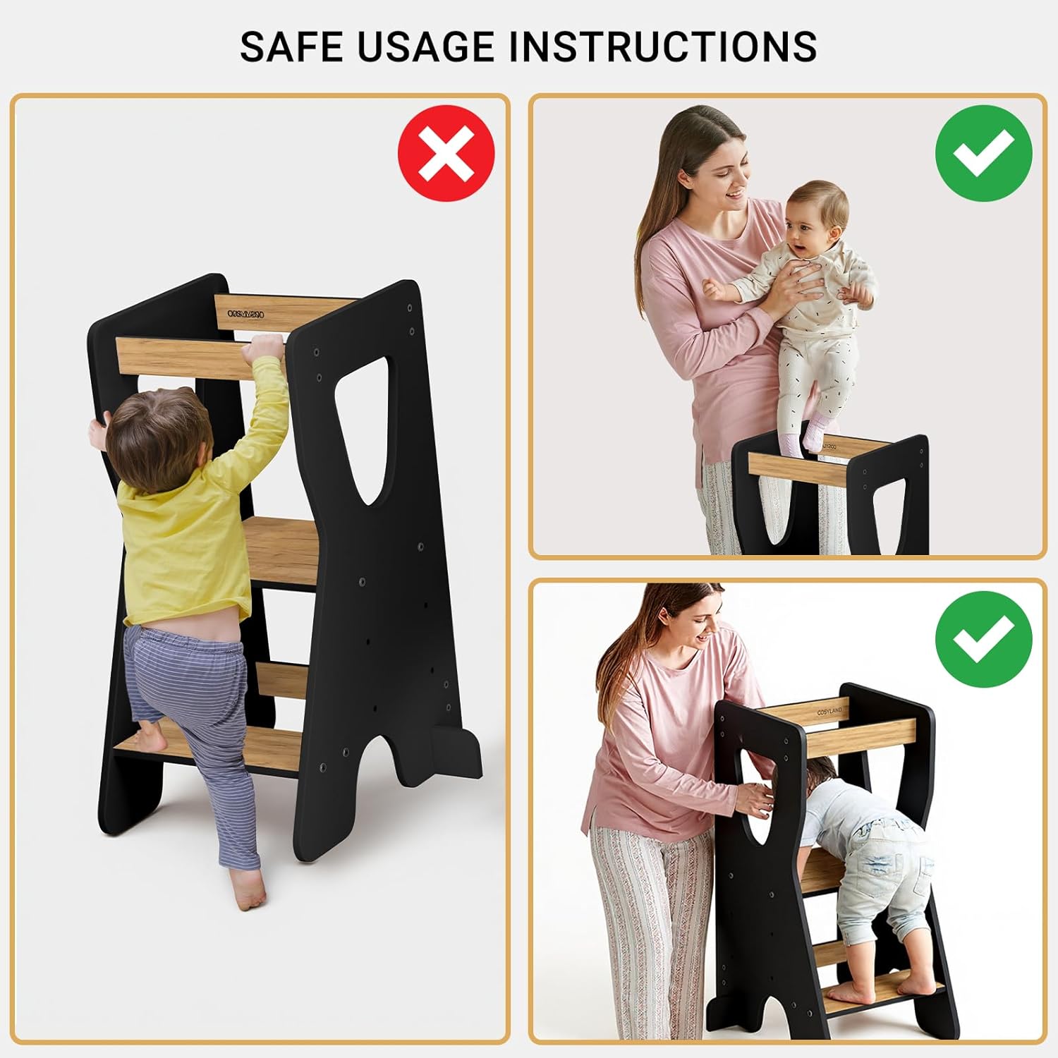 Thumbnail 6 de COSYLAND Toddler Standing Tower for Kitchen Counter – Adjustable, Stable Baby Counter Stool (Black & Natural)
