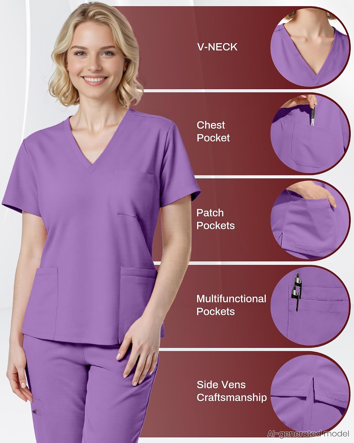 Detalle de Eipnare Women's V-Neck Jogger Scrub Set, 9 Pockets, Stretch Fabric