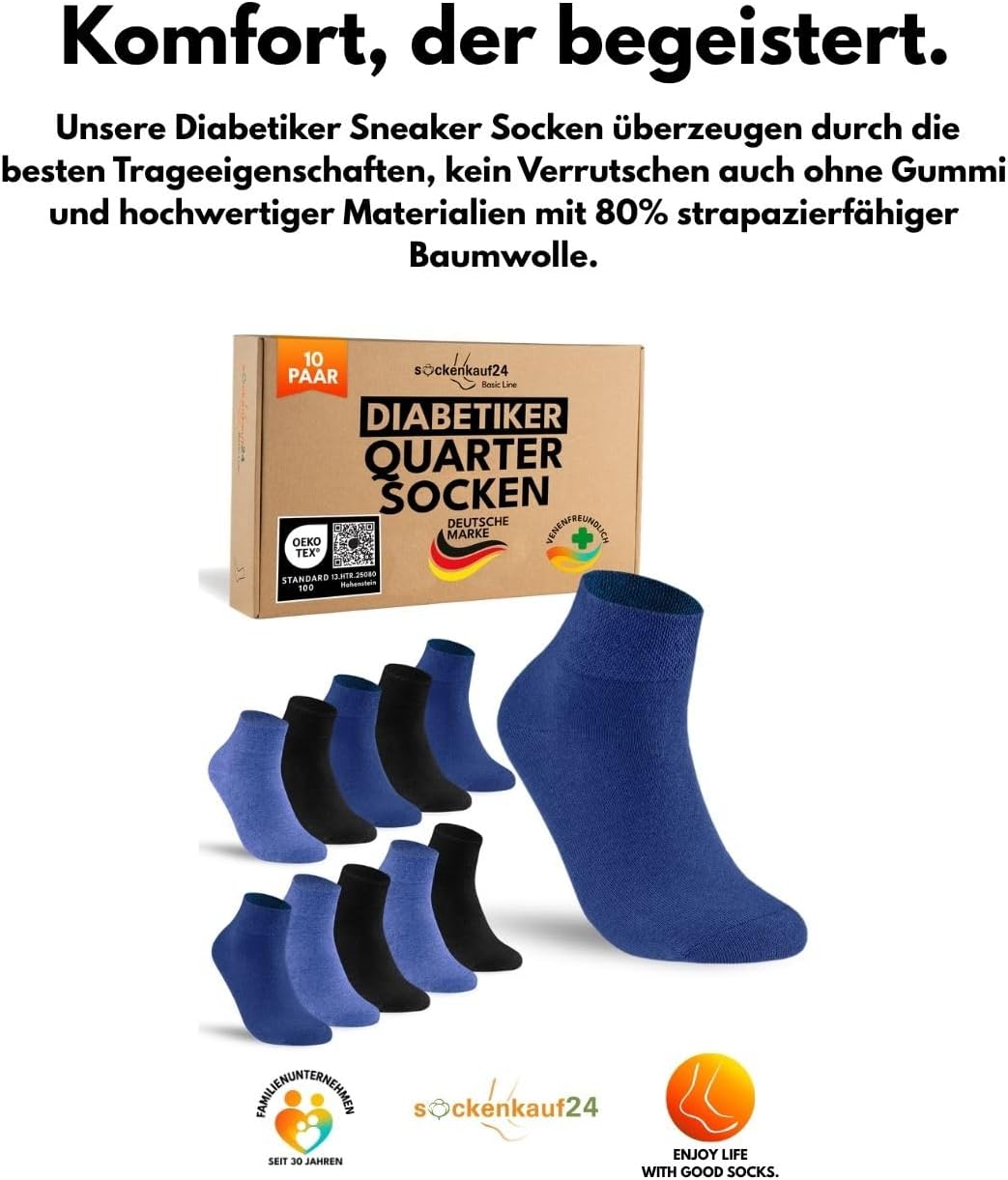 Detalle de sockenkauf24 10 Paar kurze Diabetikersocken ohne Gummibund & ohne Naht (Quarter) für Damen & Herren
