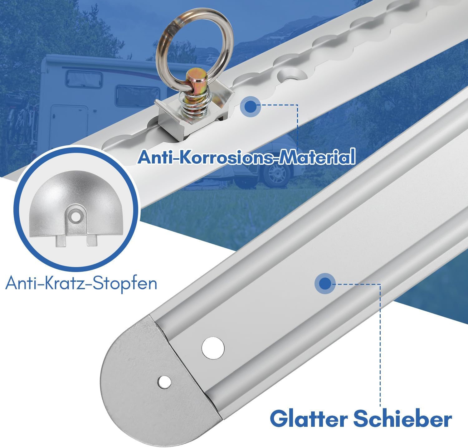 Thumbnail 1 de 4 x 1 m Airlineschiene aus Aluminium (eloxiert) – halbrund, mit Zurrösen und Endkappen, für Ladungssicherung am LKW & Wohnmobil