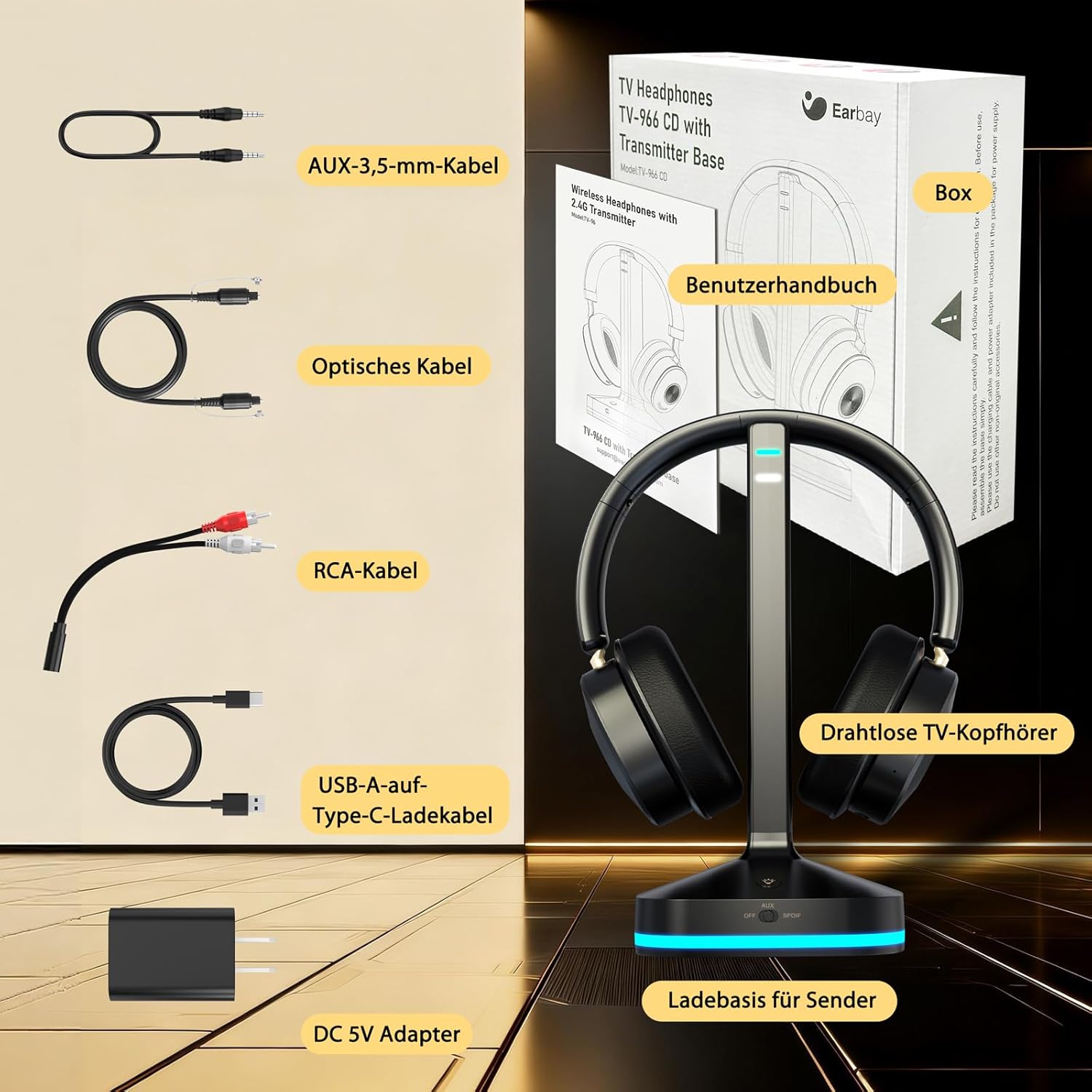 Detalle de Earbay Funkkopfhörer für Fernseher – kabelloser TV-Kopfhörer mit Ladestation, Bluetooth 5.4, 40 h Akkulaufzeit