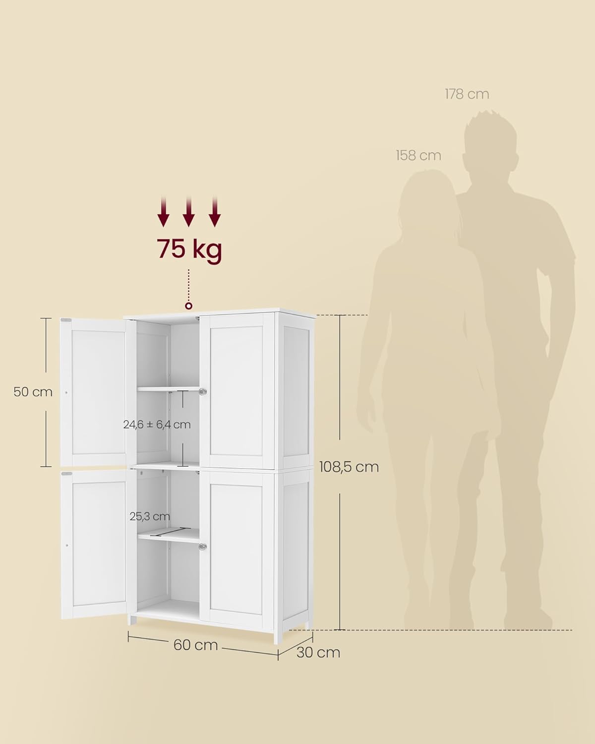 Thumbnail 2 de VASAGLE BBC553WH01 — Mobiletto da bagno con 2 vani, ante regolabili e antiribaltamento, bianco Nuvola