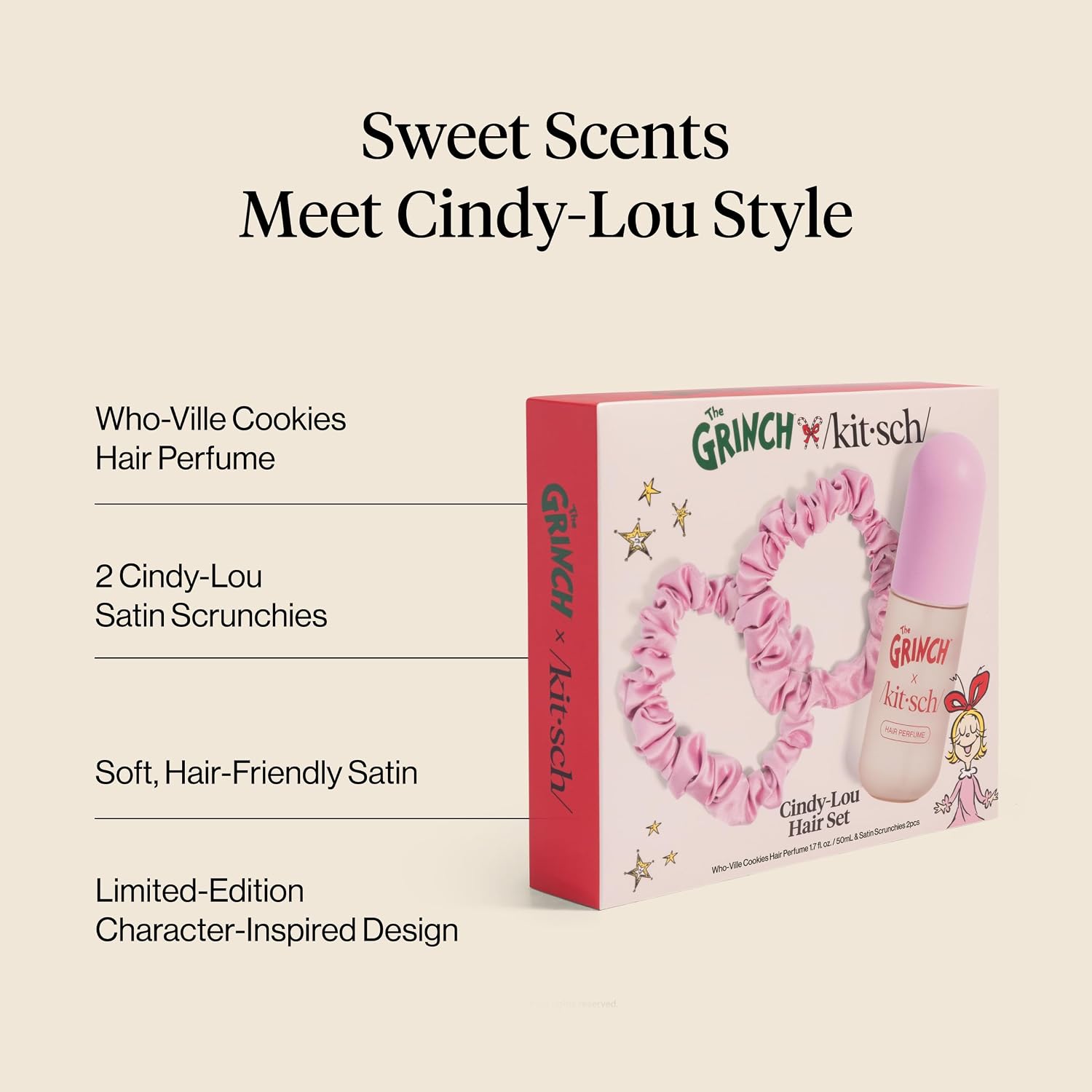 Detalle 2 de Kitsch The Grinch x Cindy-Lou Hair Perfume & Satin Scrunchies Set