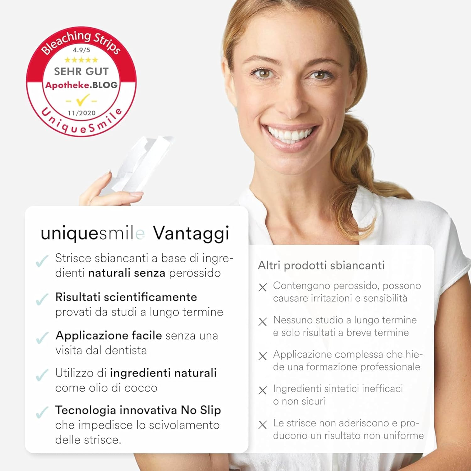 Detalle de Uniquesmile Strisce sbiancanti — sbiancamento denti senza perossido, 100 giorni di prova, set da 40 pezzi