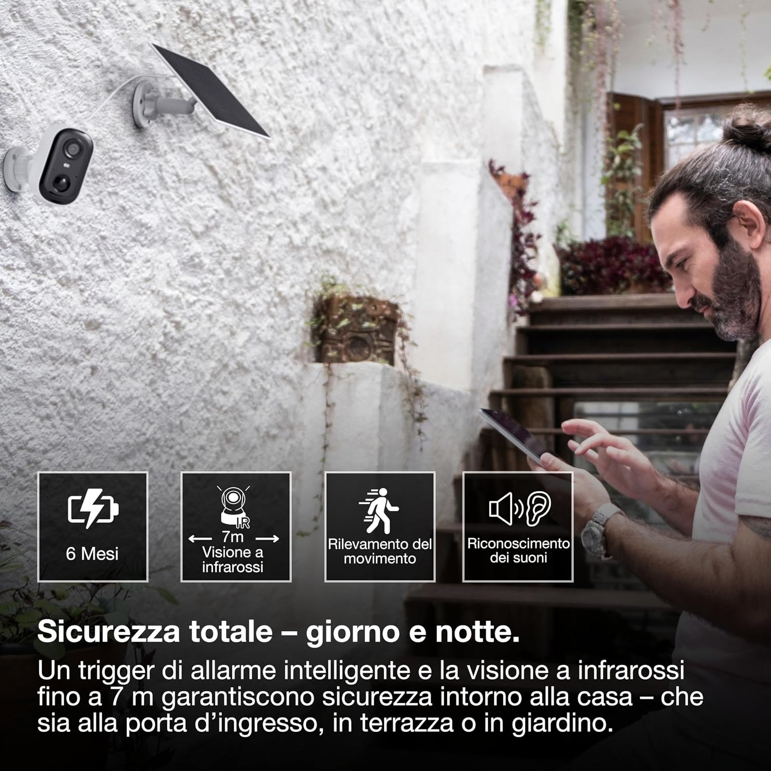 Detalle de OSRAM Telecamera solare per esterni SMART+ WiFi 4 MP 2K IP66 con PIR, batteria 5200 mAh e Alexa (bianco)