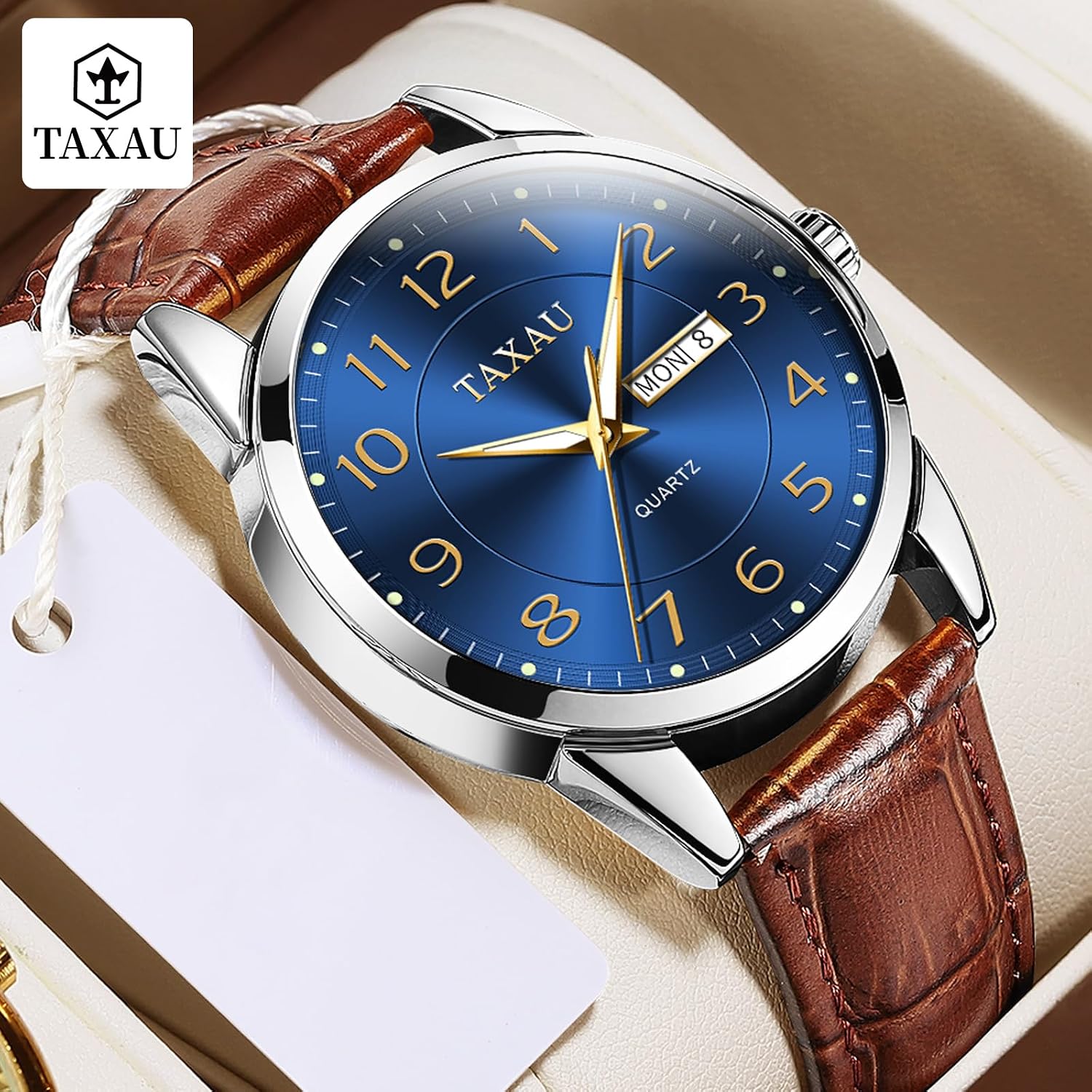 Thumbnail 2 de Taxau Klassische Lederuhr für Herren – Analog, Quarz, Big Dial mit Lumen- & Day-Date-Anzeige