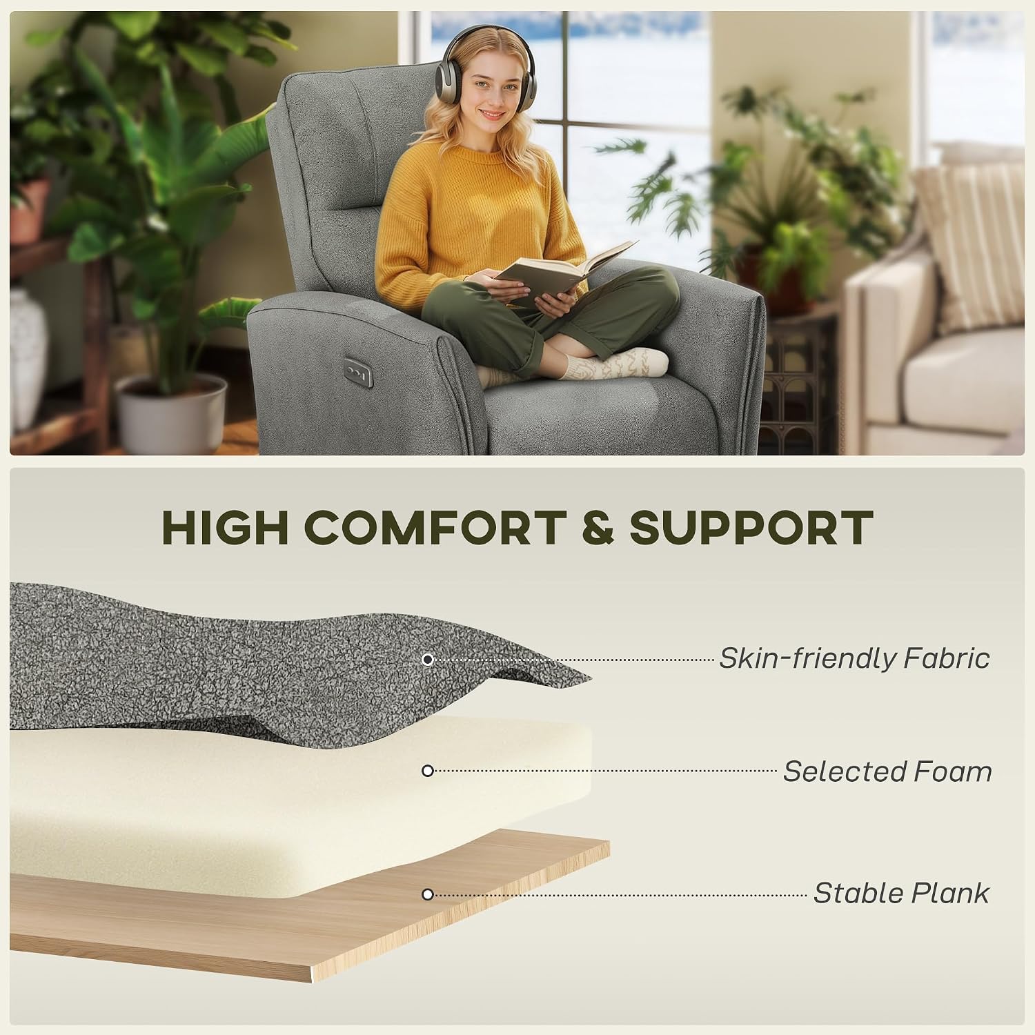 Detalle 1 de HOMCOM Electric Power Recliner Chair, Grey Polyester, USB-A and USB-C