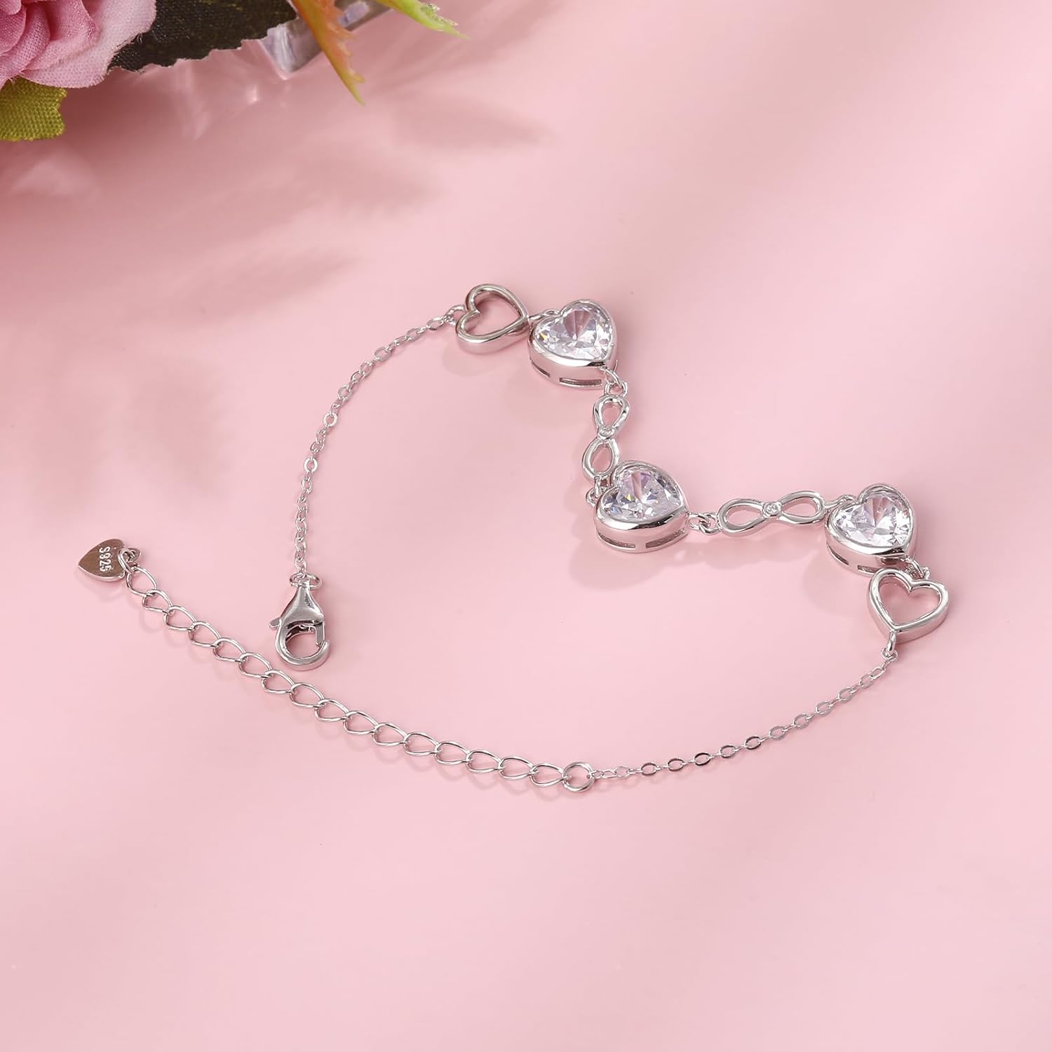 Thumbnail 2 de Qings 3 Heart Birthstone Bracelet for Women – Sterling Silver 925, Infinity Symbol, Adjustable 16+5 cm