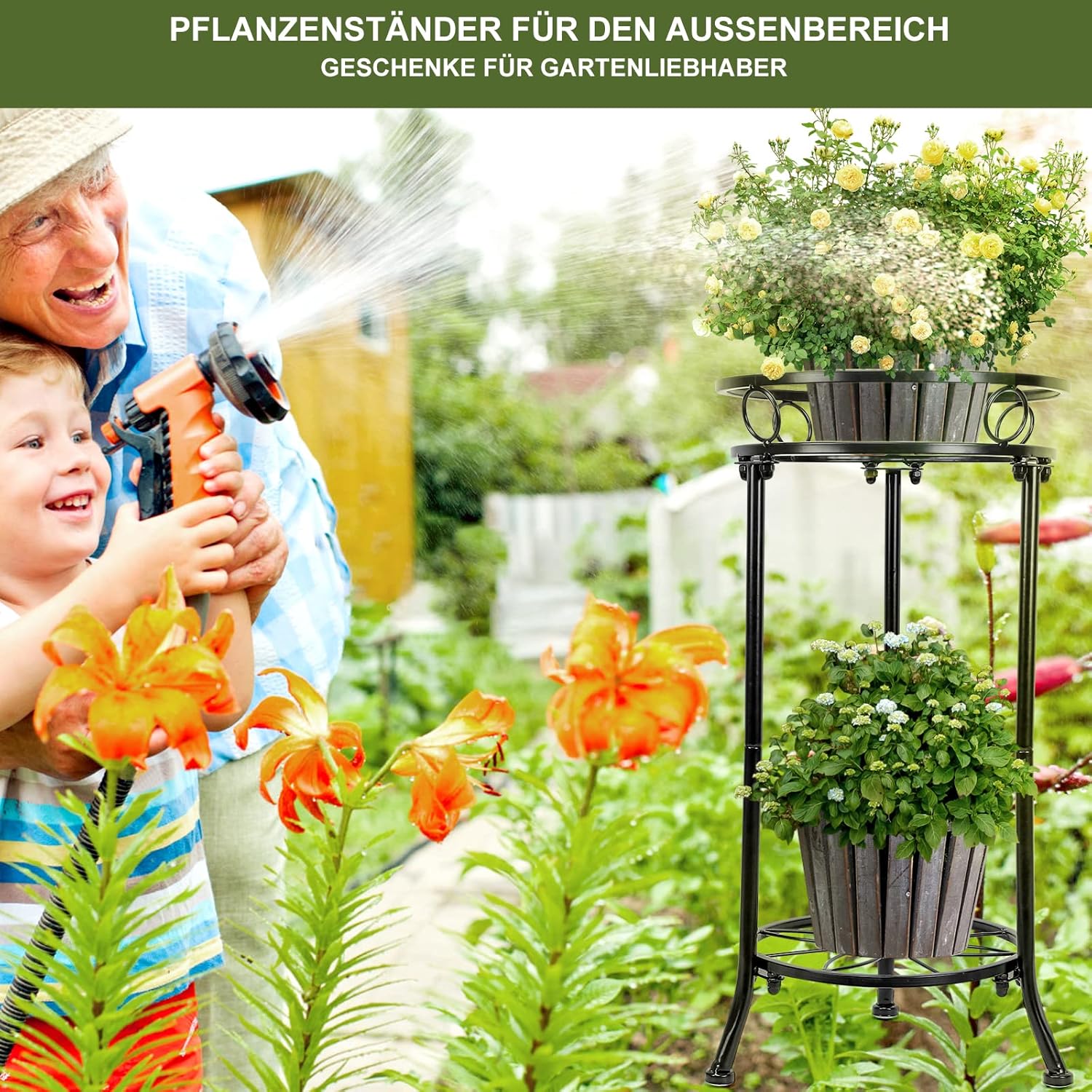 Detalle 2 de MA3TY Pflanzenständer aus Metall mit 2 Etagen, Eckmodell für innen & außen – 51,5 cm, schwarz