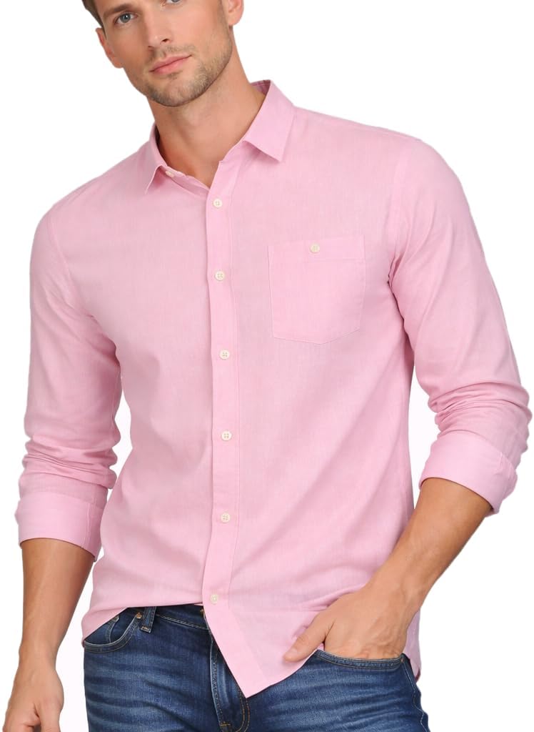 Thumbnail 6 de Xact Men’s Long Sleeve Linen Cotton Shirt (Regular Fit) – Point Collar, Chest Pocket, Breathable Summer Smart Casual