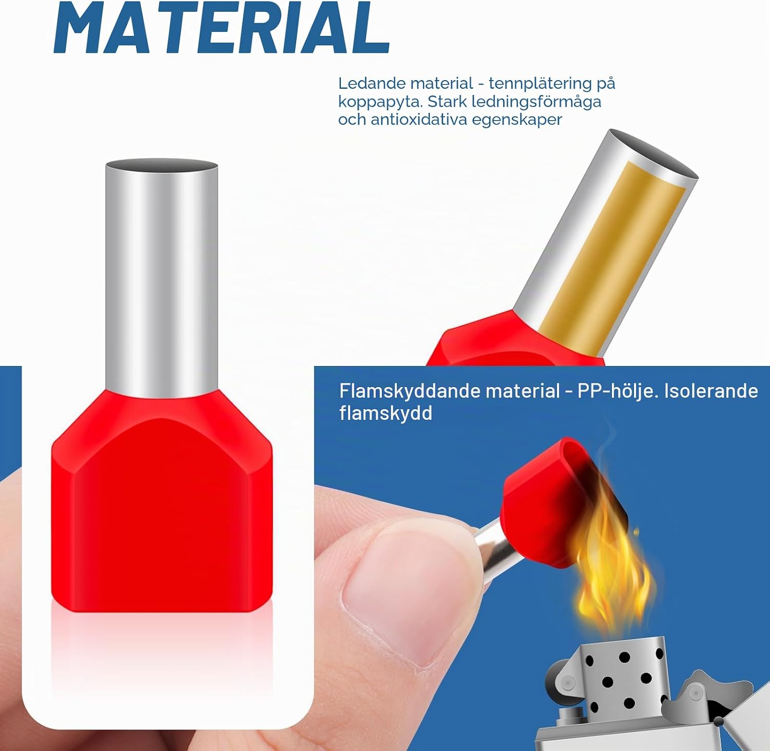 Detalle de Hanibos E7031 tvillingändhylsor 10 mm², 14 mm, röda och isolerade
