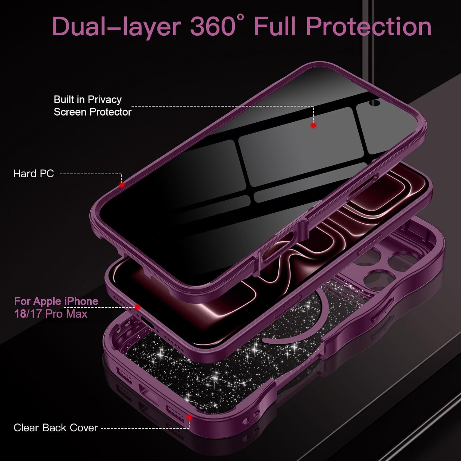 Detalle de Hekodonk HC1045-05 Case for iPhone 17/18 Pro Max, Privacy Screen, MagSafe