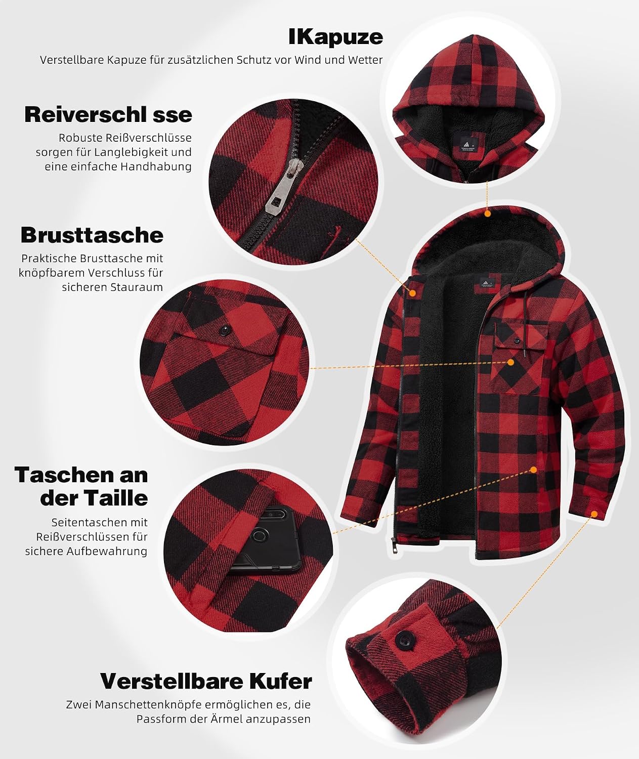 Detalle de JACKETOWN Herren Fleecejacke Flanell Hemdjacke mit Kapuze – warme kariert Übergangsjacke für Herbst und Winter