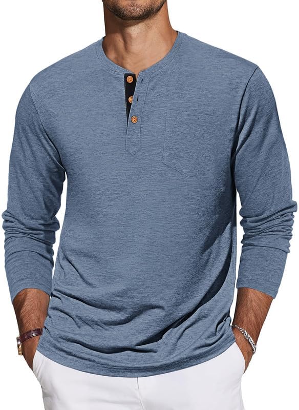 Detalle de TARAINYA Men’s Long-Sleeve Henley Shirt, Cotton-Stretch Blend, Chest Pocket