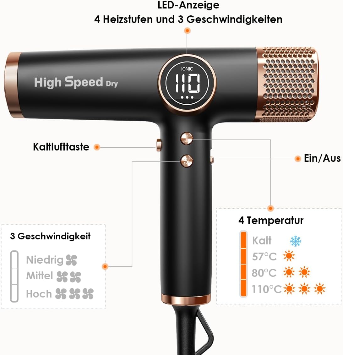 Thumbnail 6 de Faszin Haartrockner leichter Föhn mit 110.000 RPM bürstenlosem Motor, 200 Mio. Ionen und LED-Anzeige (Schwarz)