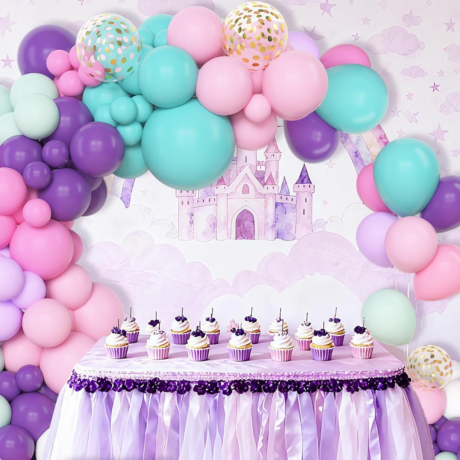 Thumbnail 4 de BlueCloudy Pink Purple Balloon Arch Garland Kit – Mixed Sizes (18" 12" 10" 5") in Purple, Blue, Pink with Gold Confetti