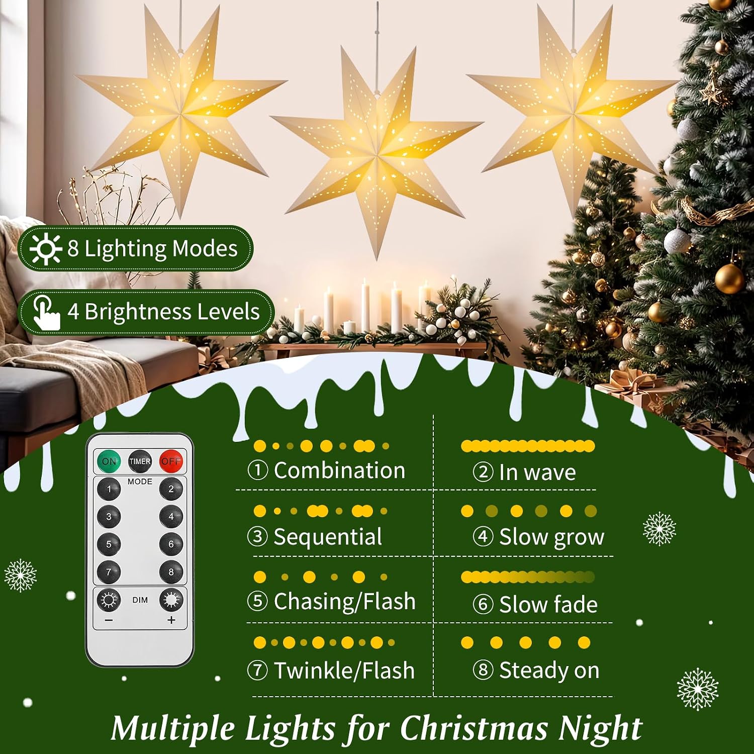 Detalle de Lewondr P723314210742 Christmas Paper Star Lantern 3-Pack with Remote