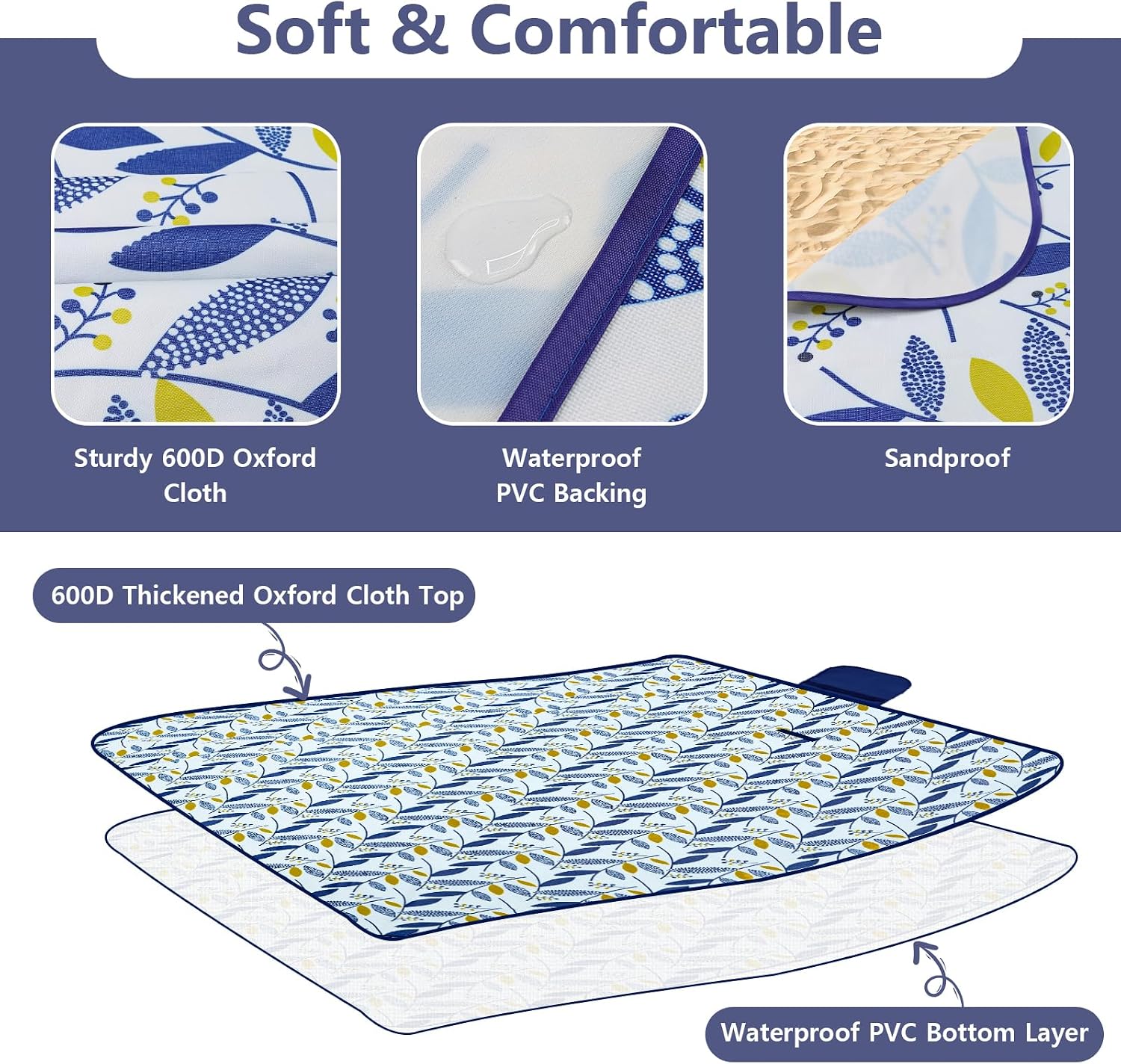 Detalle de Habaylin Waterproof Picnic Blanket, 79" x 79" Foldable Outdoor Mat