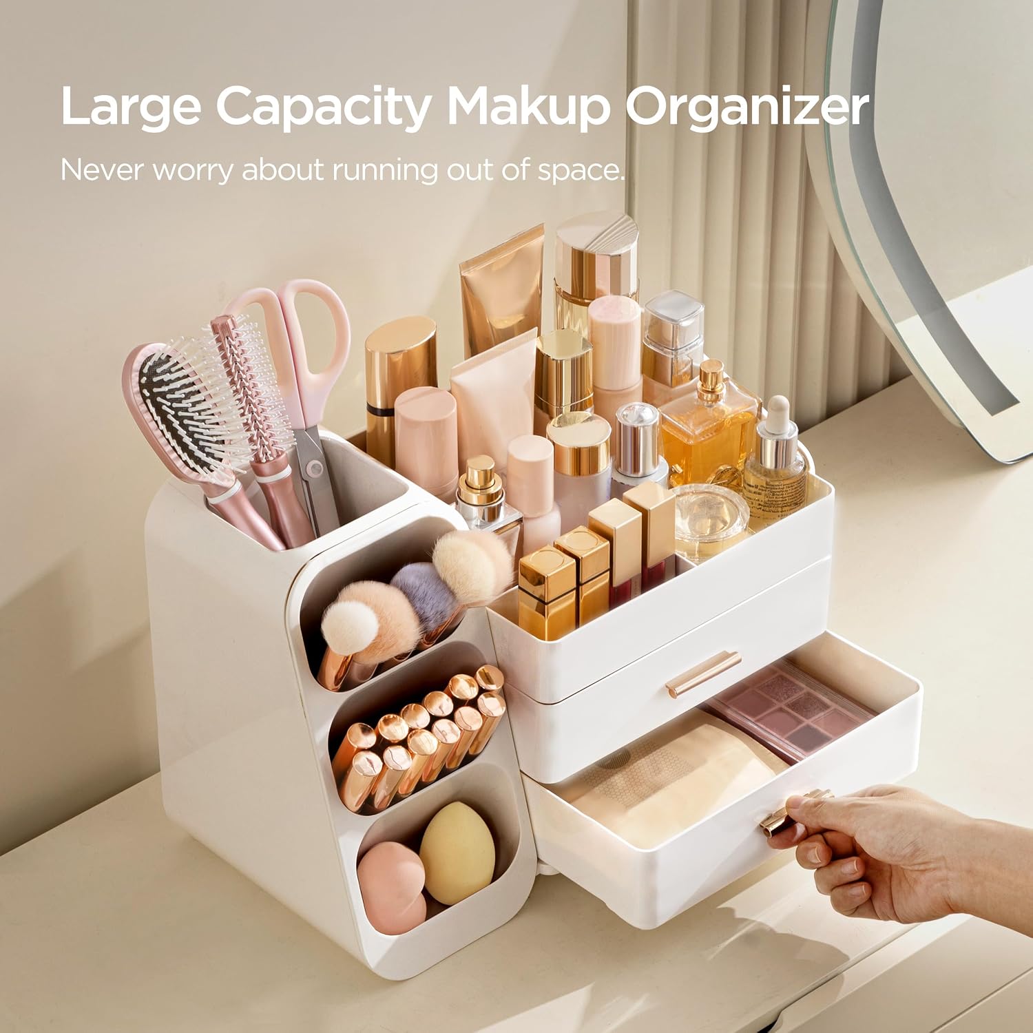 Detalle de HBlife Kosmetik Organizer mit Schubladen – 3-in-1 Make-up Aufbewahrung, Große Kapazität, Weiß
