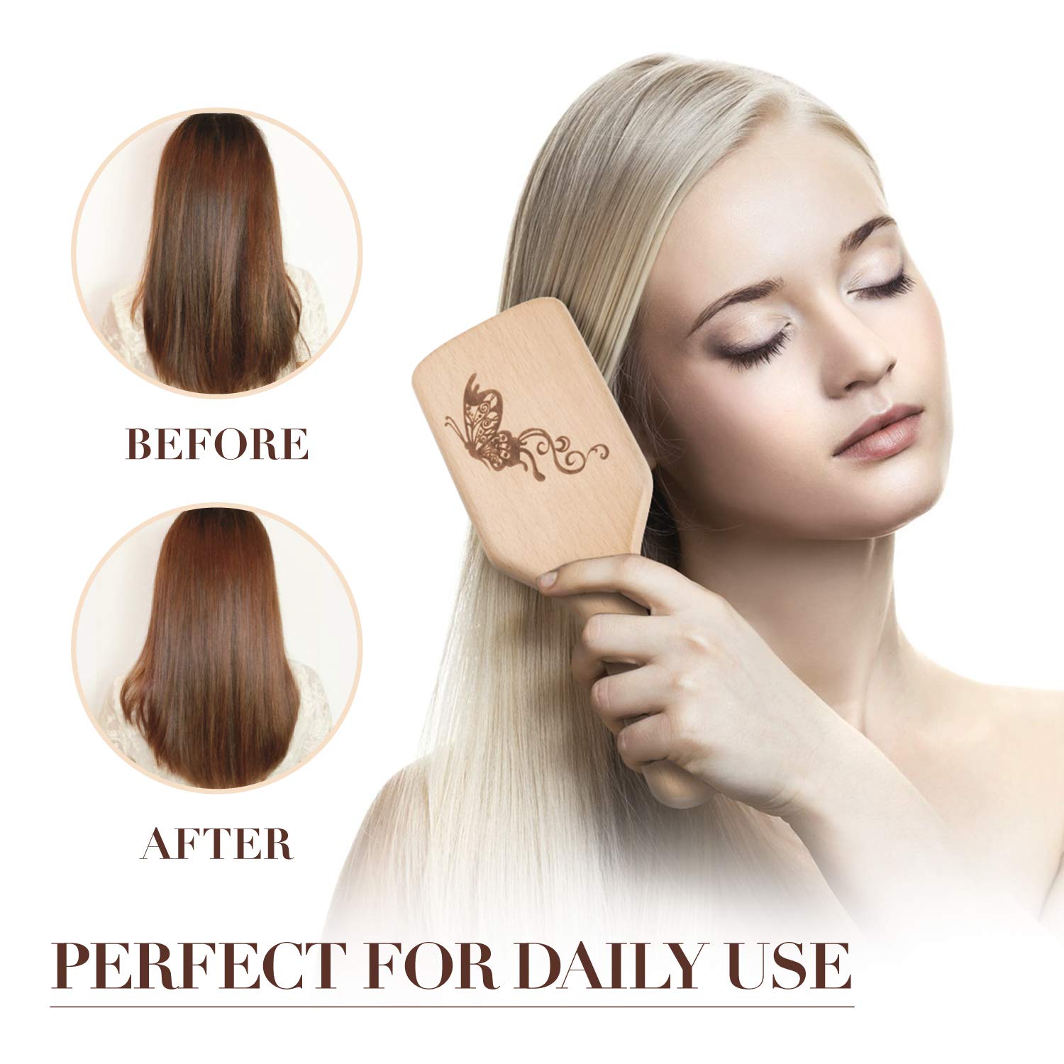 Detalle de URTHEONE Boar Bristle Paddle Hairbrush with Wooden Handle and Nylon Tips