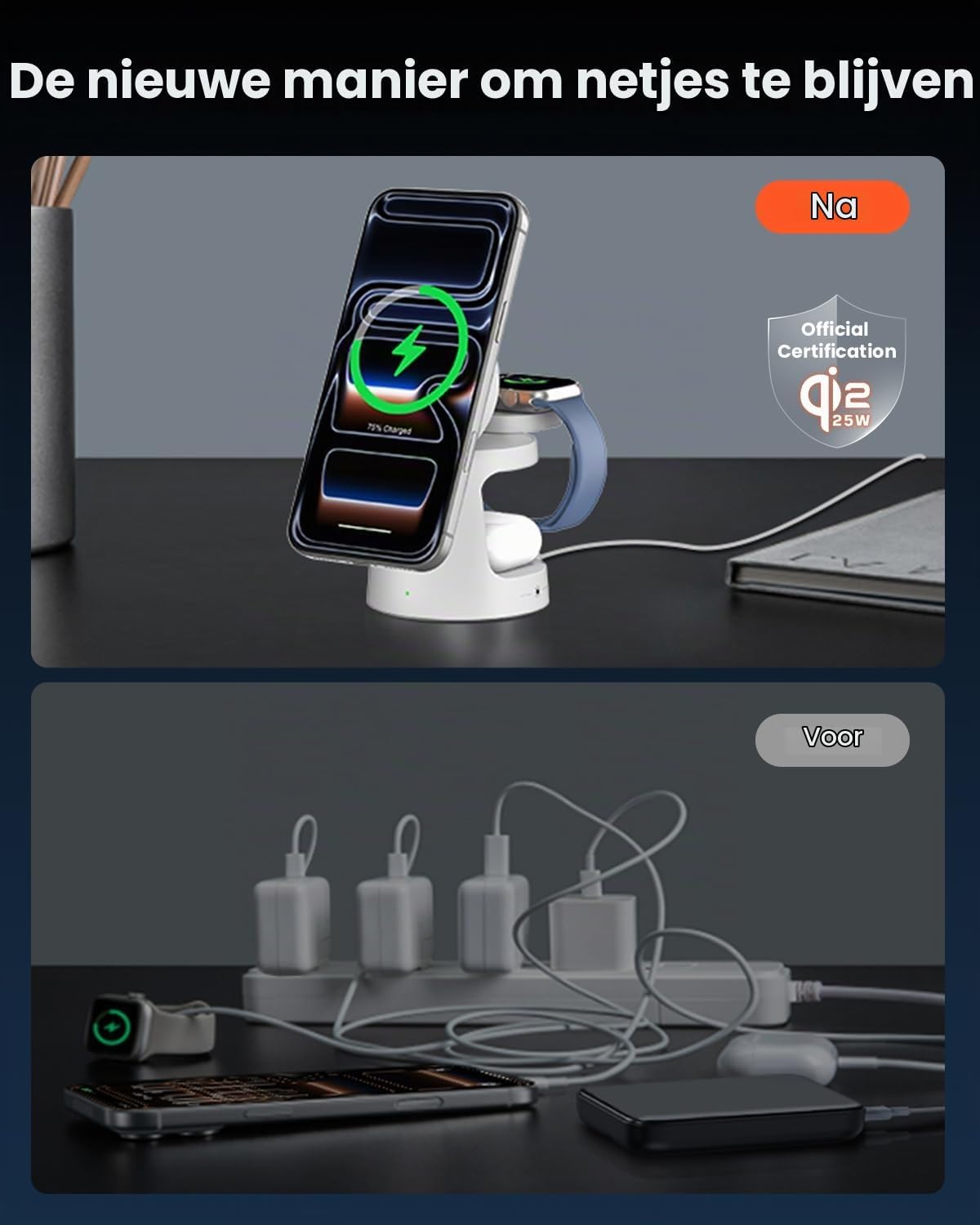 Thumbnail 6 de GEEKERA 25W 3-in-1 Qi2-oplaadstation met nachtlampje en 45W-adapter