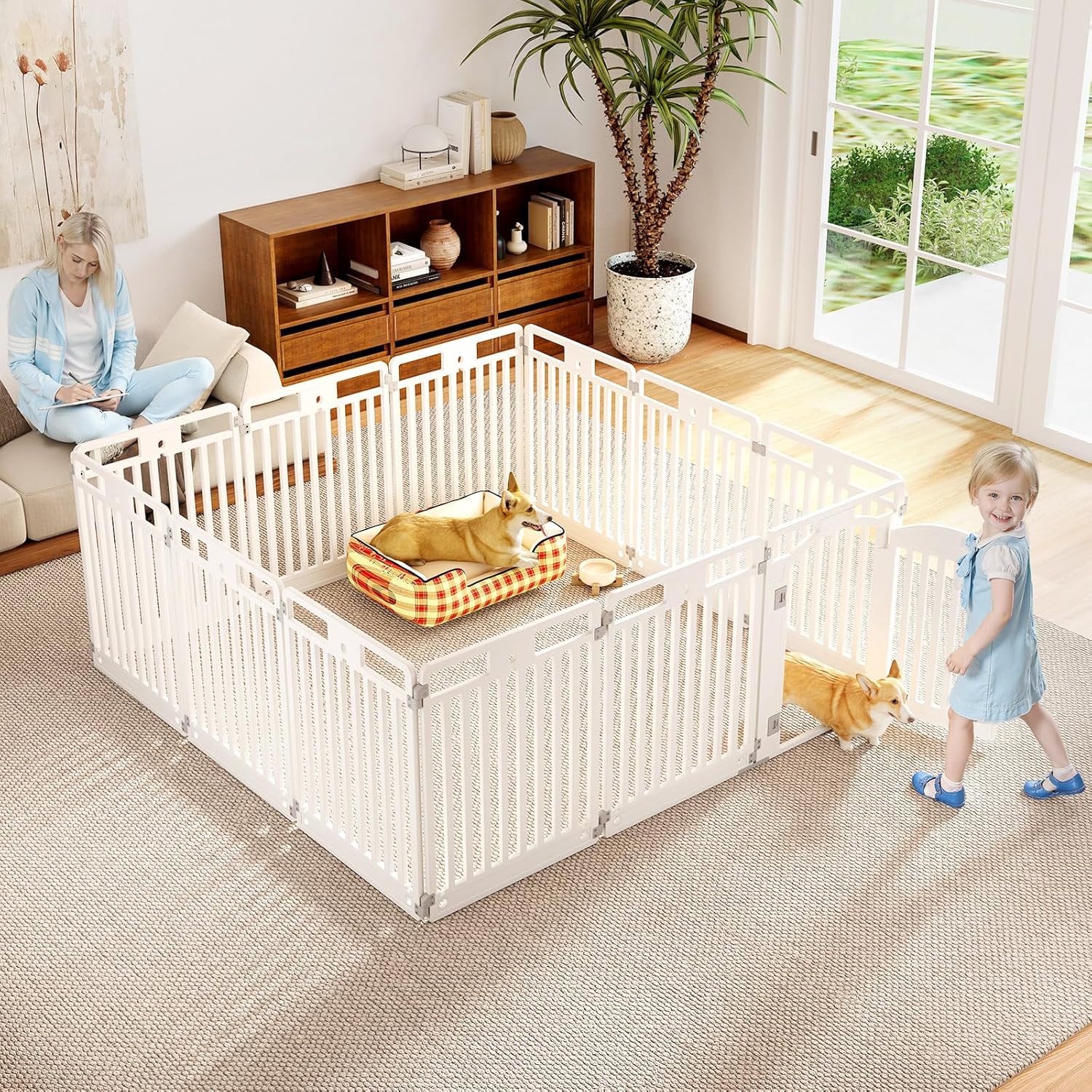 Detalle de Parc pour chien GOPLUS en plastique pliable – 6 panneaux, 129 x 65 x 81 cm, porte verrouillable, intérieur/extérieur, blanc